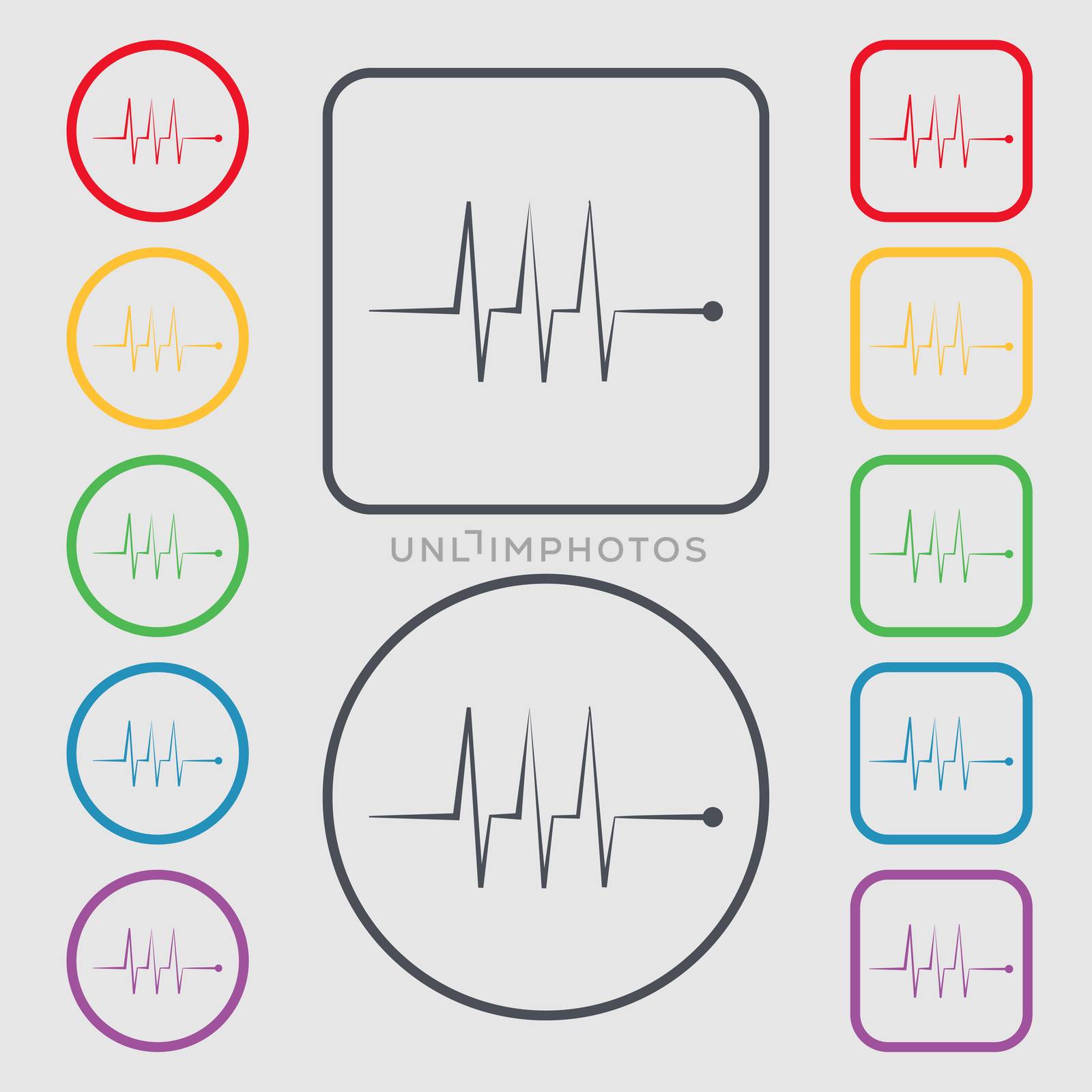 Cardiogram monitoring sign icon. Heart beats symbol. Symbols on the Round and square buttons with frame.  by serhii_lohvyniuk