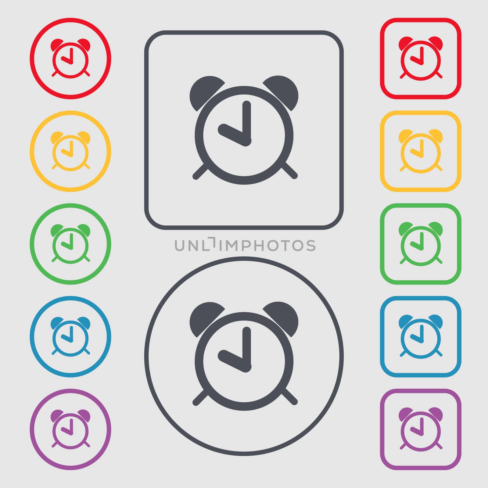 Alarm clock sign icon. Wake up alarm symbol. Symbols on the Round and square buttons with frame.  by serhii_lohvyniuk