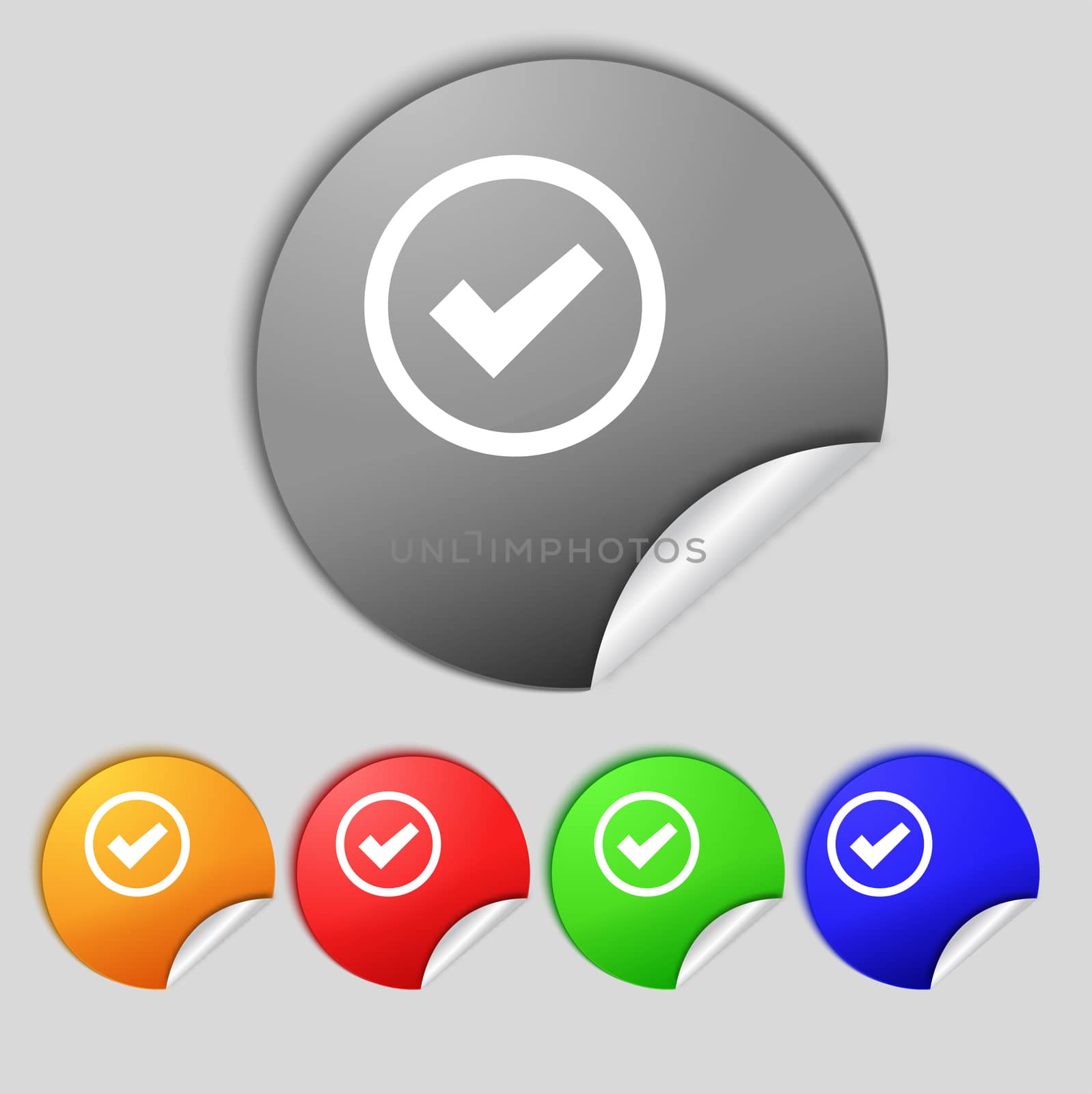 Check mark sign icon . Confirm approved symbol. Set colourful buttons.  by serhii_lohvyniuk