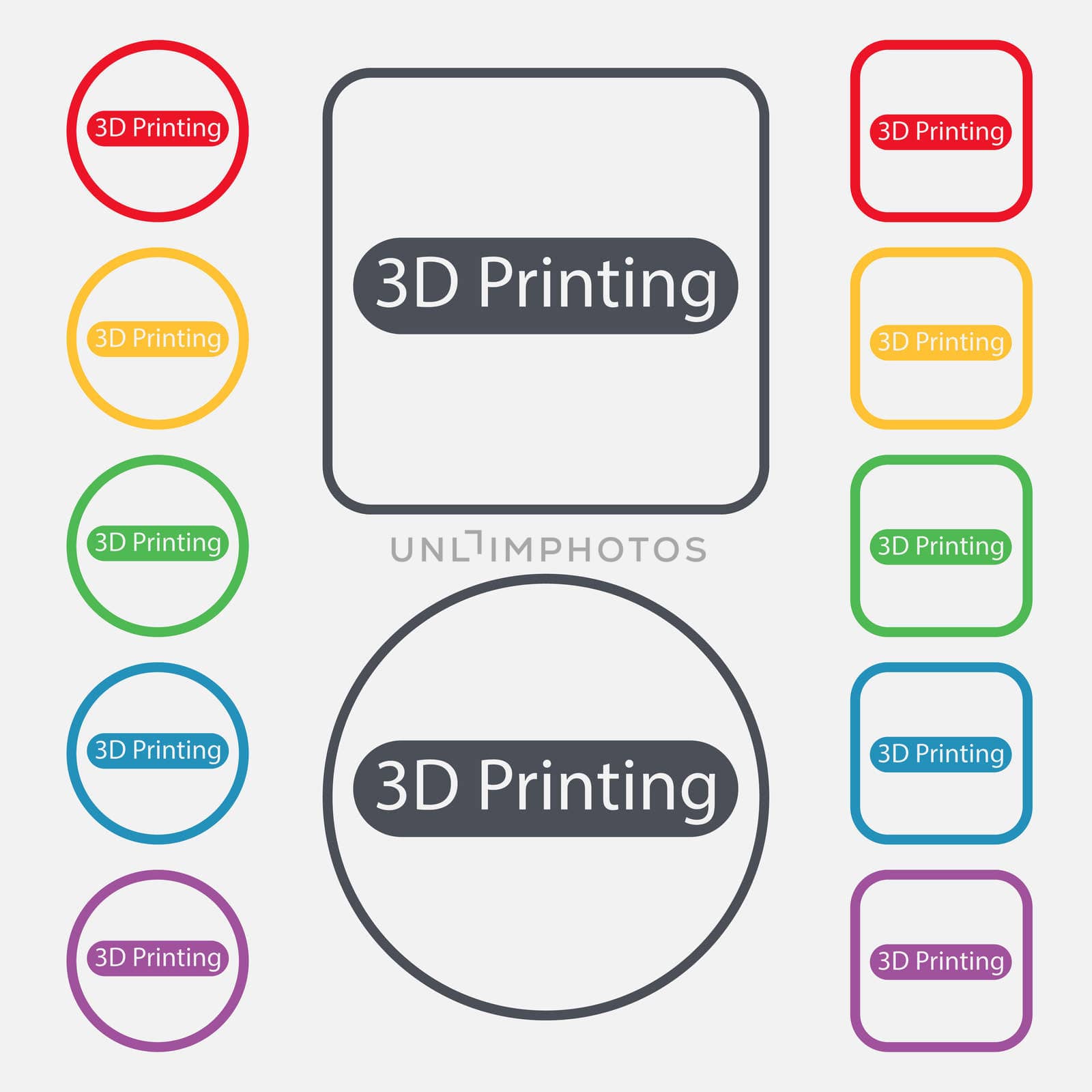 3D Print sign icon. 3d-Printing symbol. Set of colored buttons. illustration
