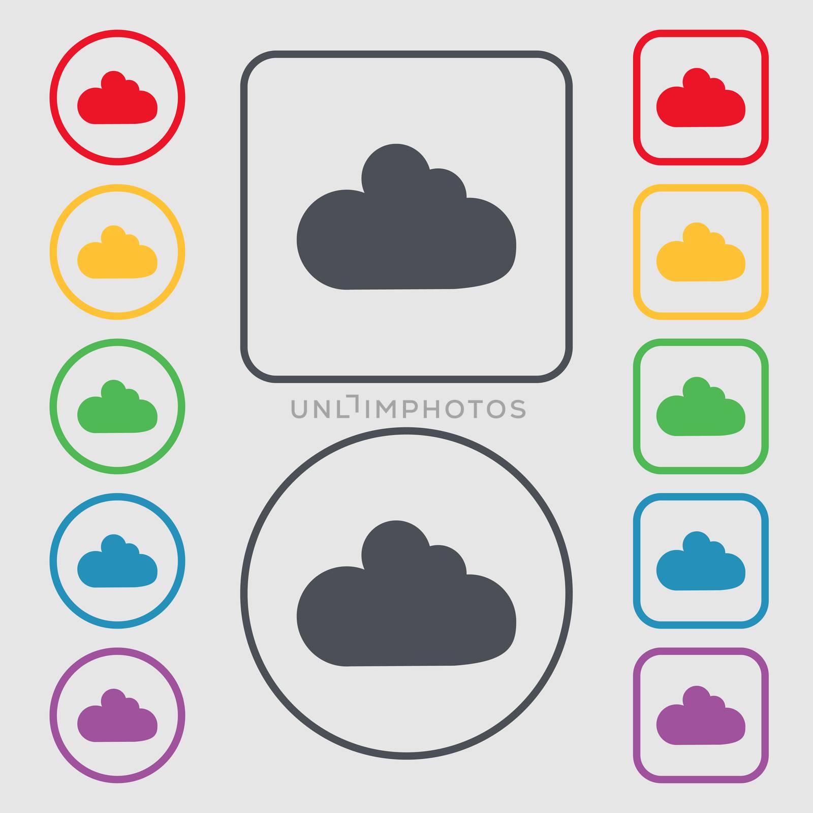 Cloud sign icon. Data storage symbol. Symbols on the Round and square buttons with frame.  by serhii_lohvyniuk