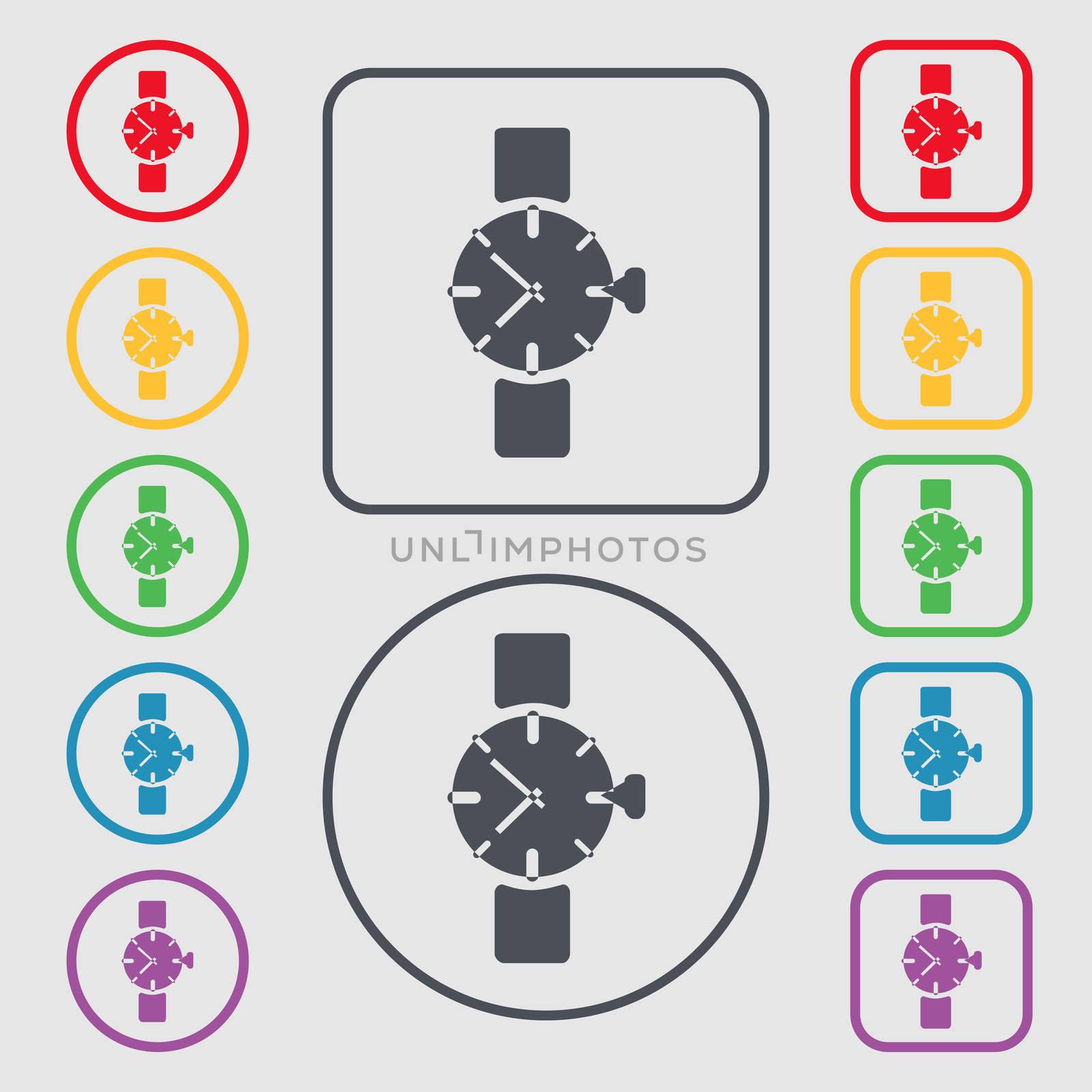 watches icon symbol . Symbols on the Round and square buttons with frame.  by serhii_lohvyniuk