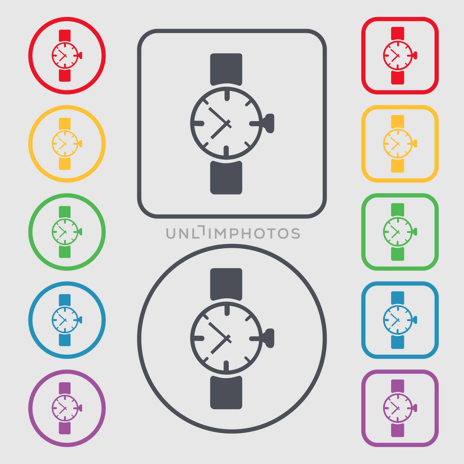watches icon symbol . Symbols on the Round and square buttons with frame.  by serhii_lohvyniuk