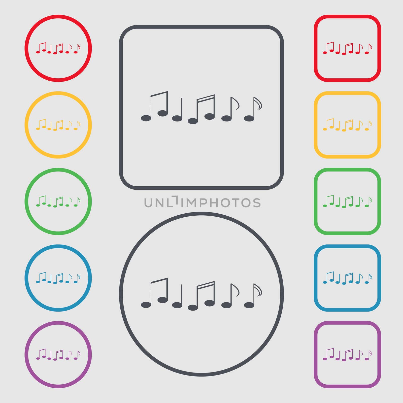 Music note sign icon. Musical symbol. Symbols on the Round and square buttons with frame. illustration