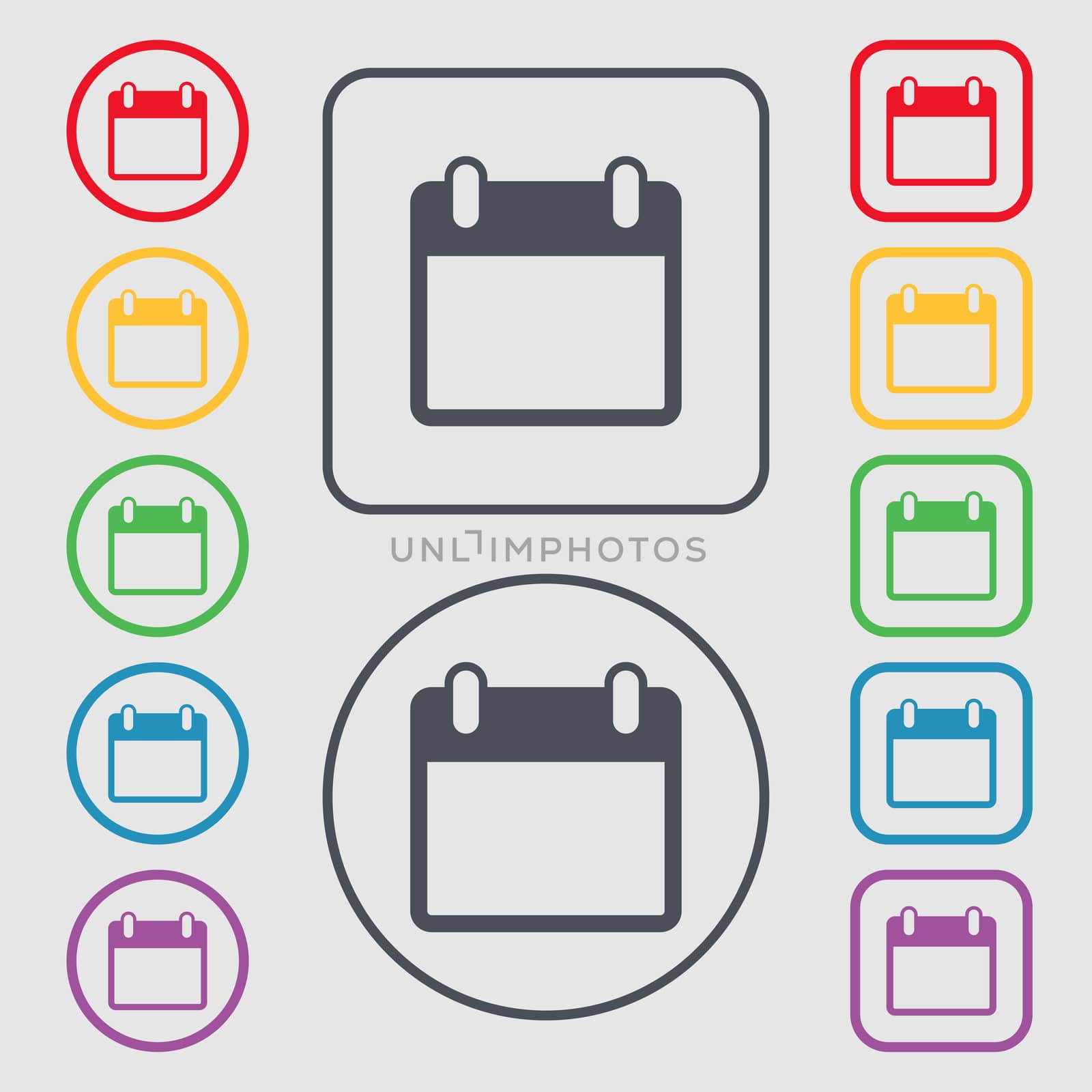 Calendar sign icon. days month symbol. Date button. Symbols on the Round and square buttons with frame. illustration