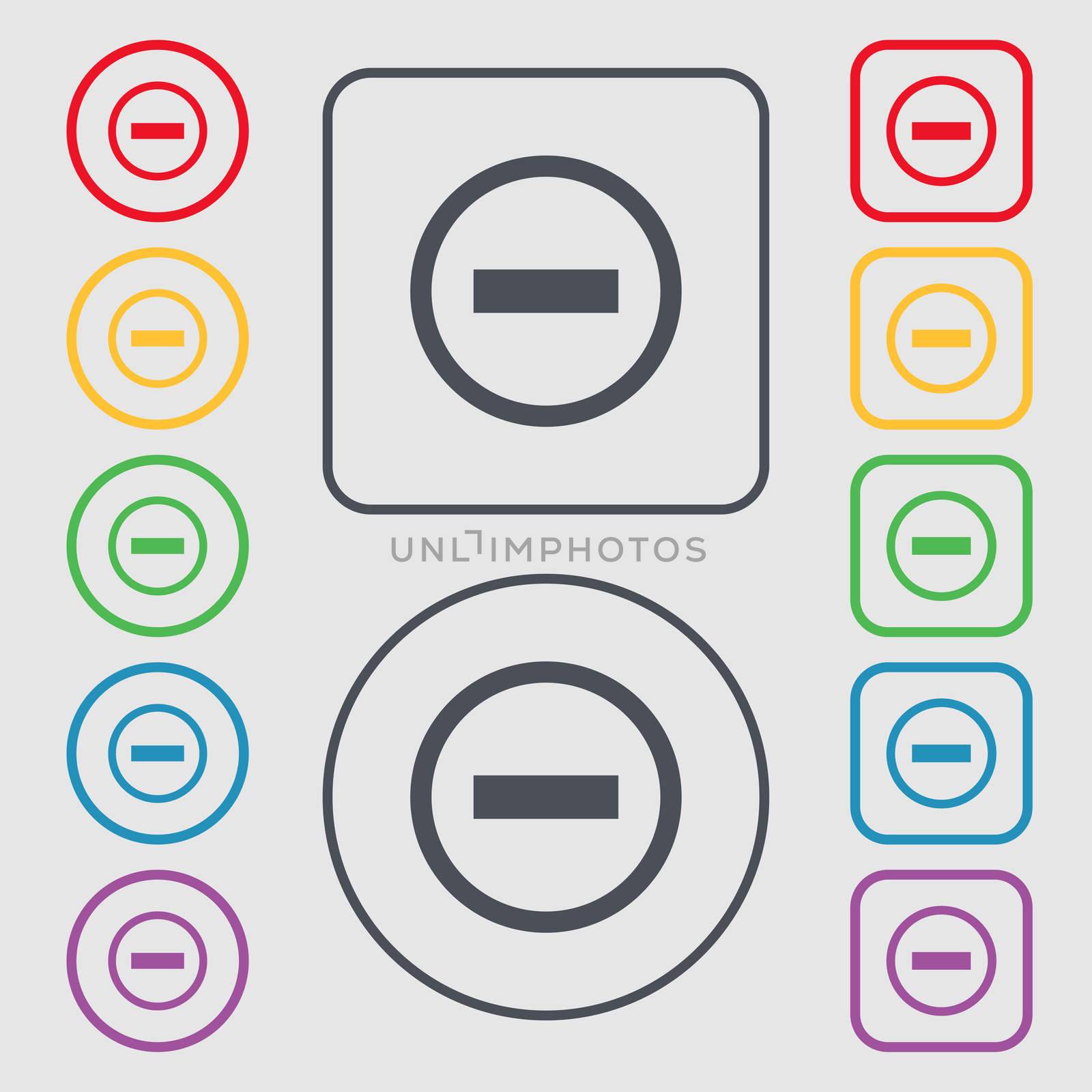 Minus sign icon. Negative symbol. Zoom out. Symbols on the Round and square buttons with frame. illustration