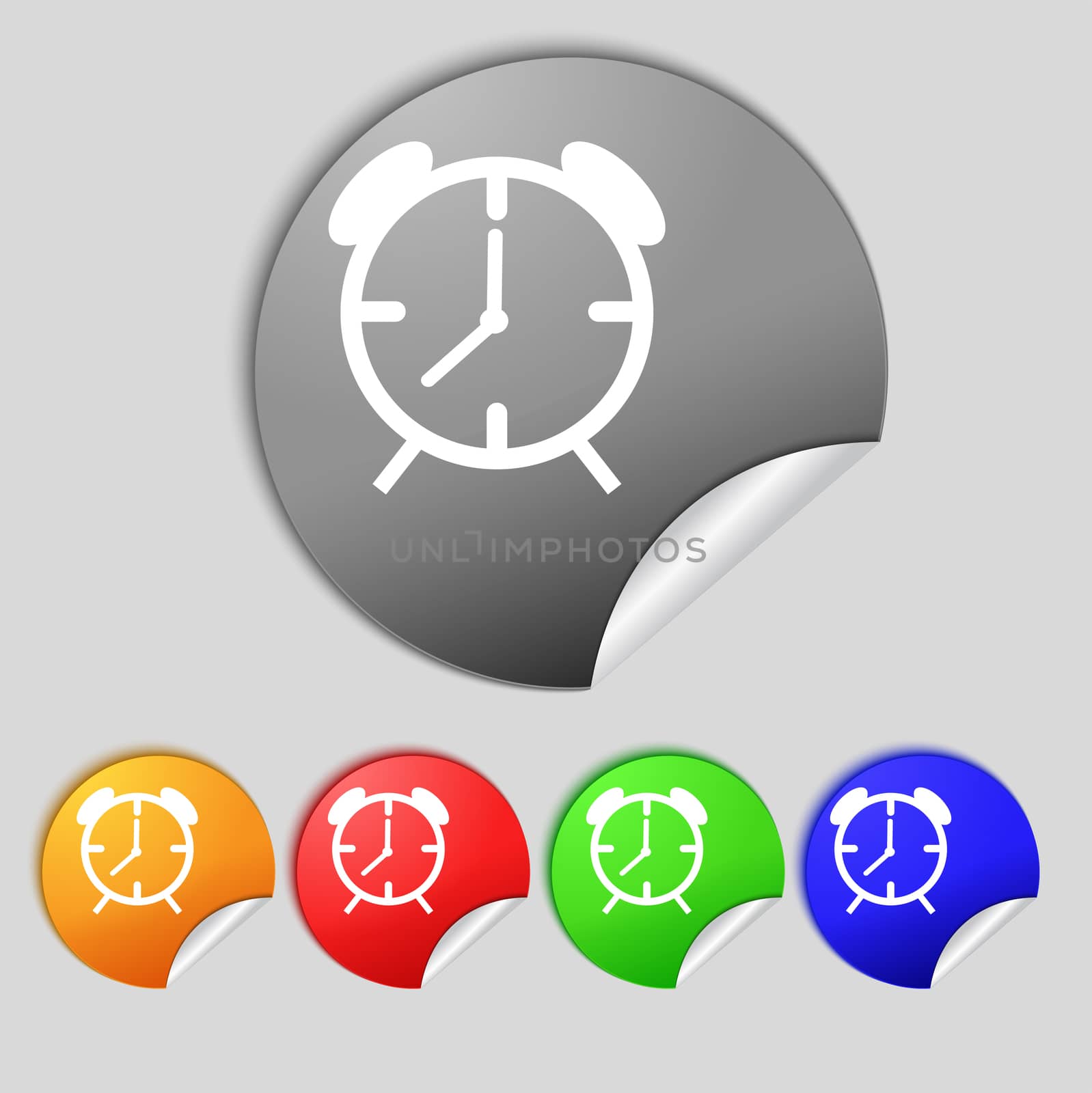 Alarm clock sign icon. Wake up alarm symbol. Set of colourful buttons. illustration