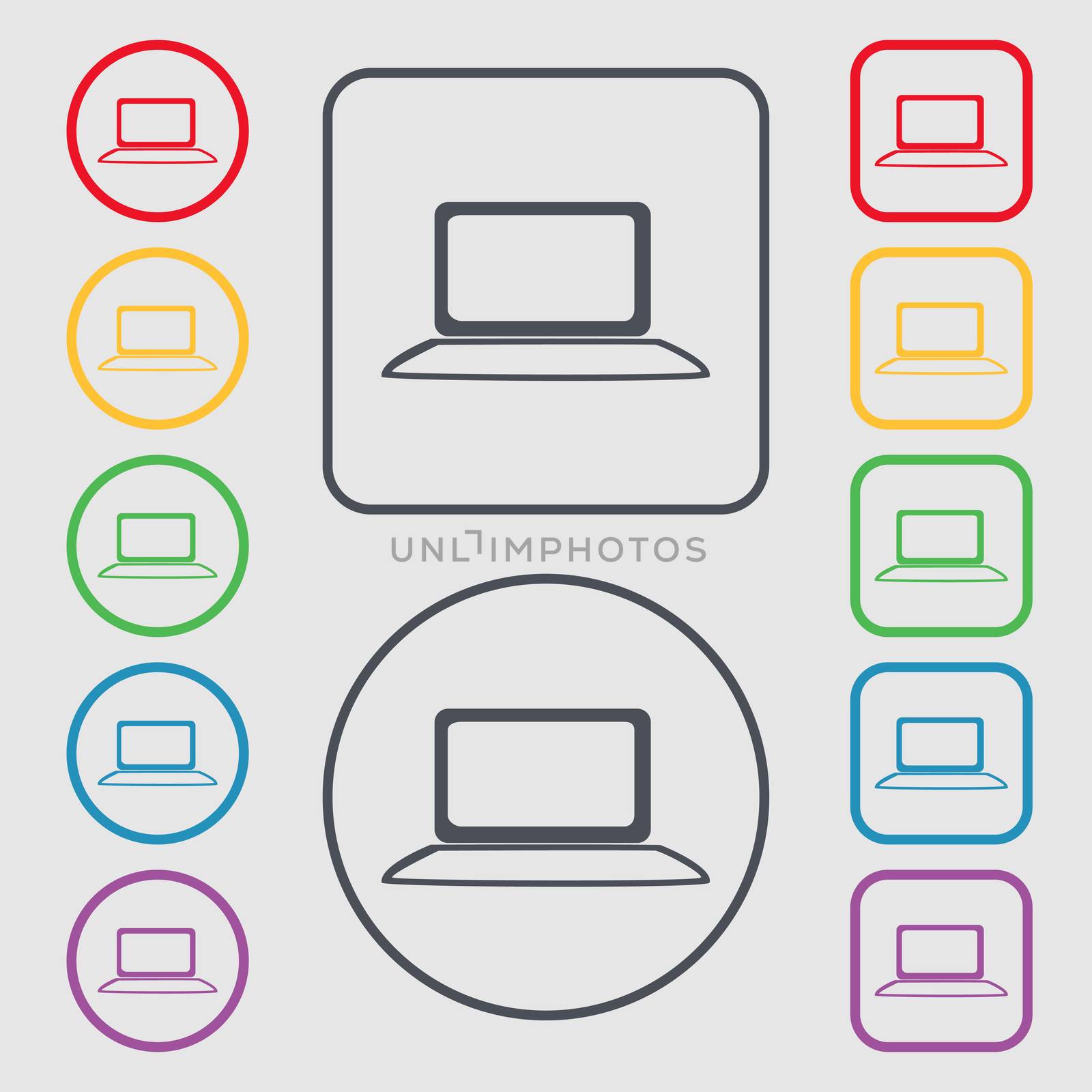 Laptop sign icon. Notebook pc with graph symbol. Monitoring. Symbols on the Round and square buttons with frame.  by serhii_lohvyniuk