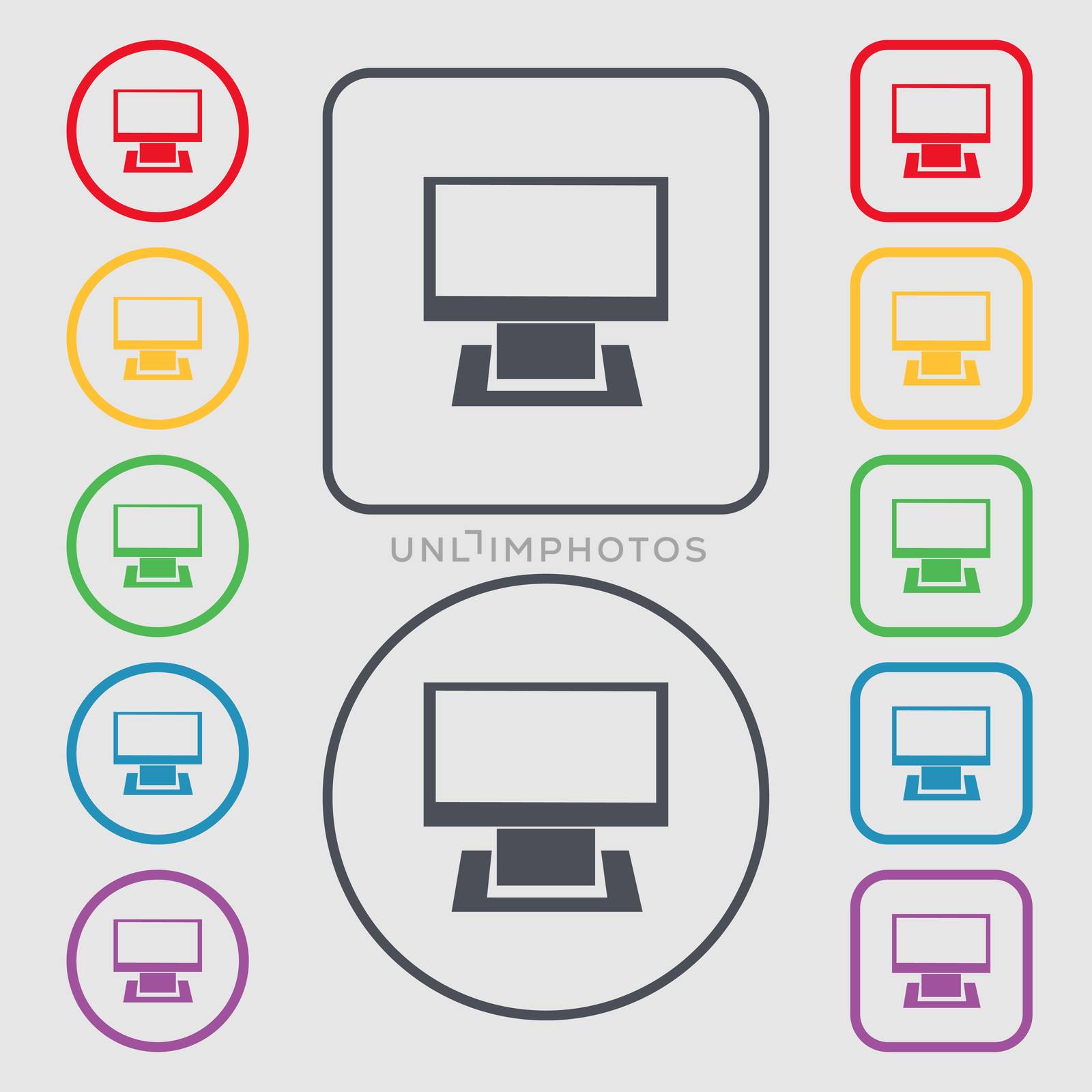 Computer widescreen monitor sign icon. Symbols on the Round and square buttons with frame. illustration
