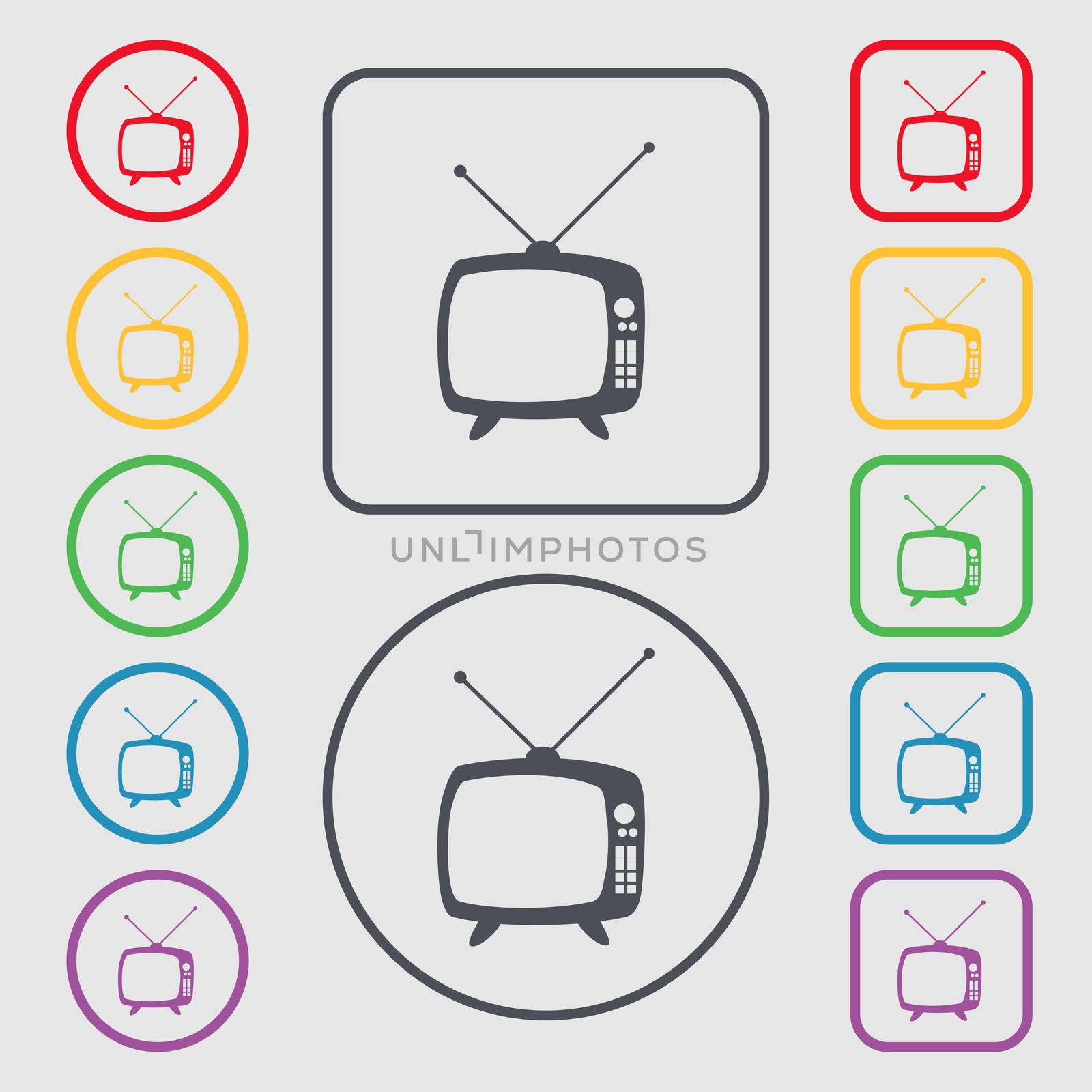 Retro TV mode sign icon. Television set symbol. Symbols on the Round and square buttons with frame. illustration