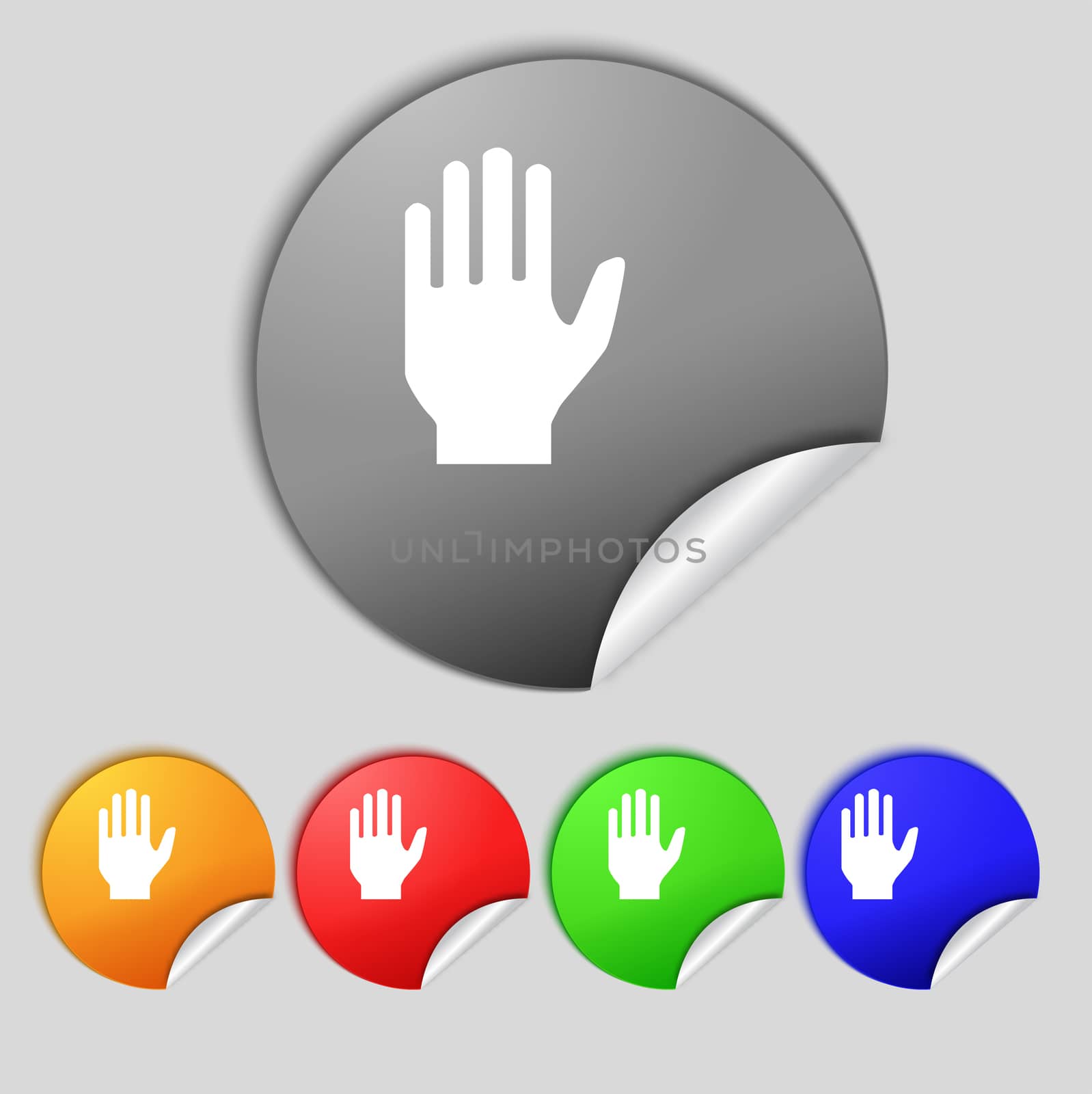 Hand print sign icon. Stop symbol. Set colour buttons. illustration