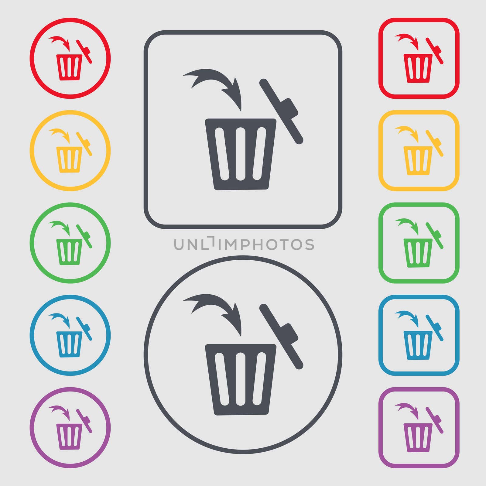 Recycle bin sign icon. Symbols on the Round and square buttons with frame. illustration