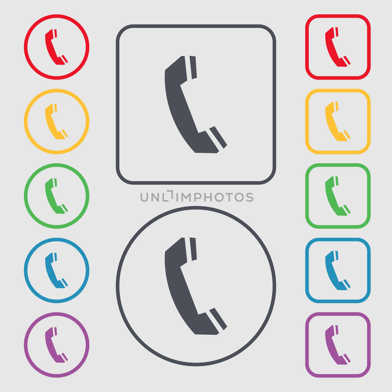Phone sign icon. Support symbol. Call center. Symbols on the Round and square buttons with frame. illustration