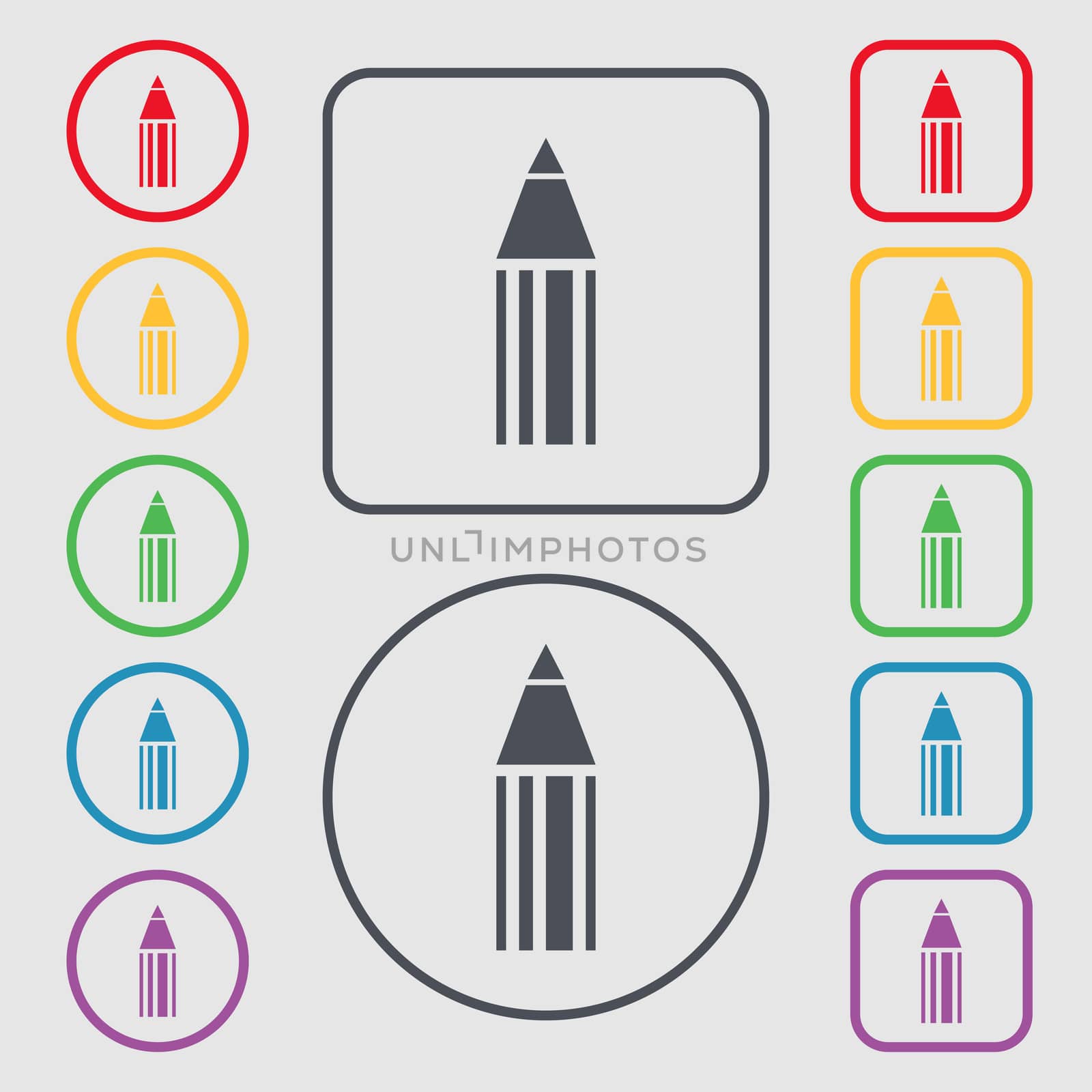 Pencil sign icon. Edit content button. Symbols on the Round and square buttons with frame. illustration