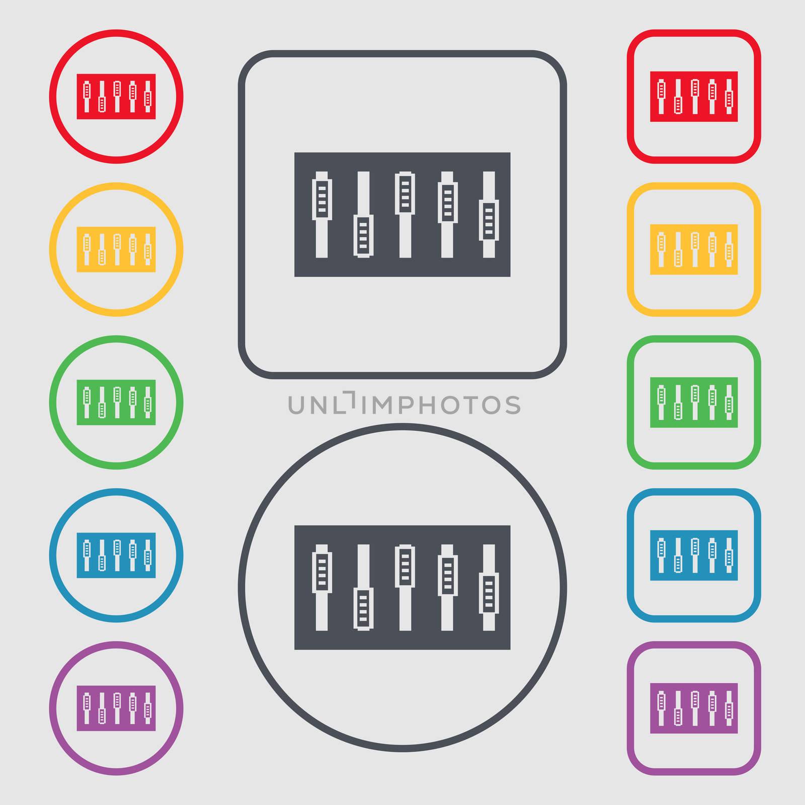 Dj console mix handles and buttons icon symbol. Symbols on the Round and square buttons with frame.  by serhii_lohvyniuk