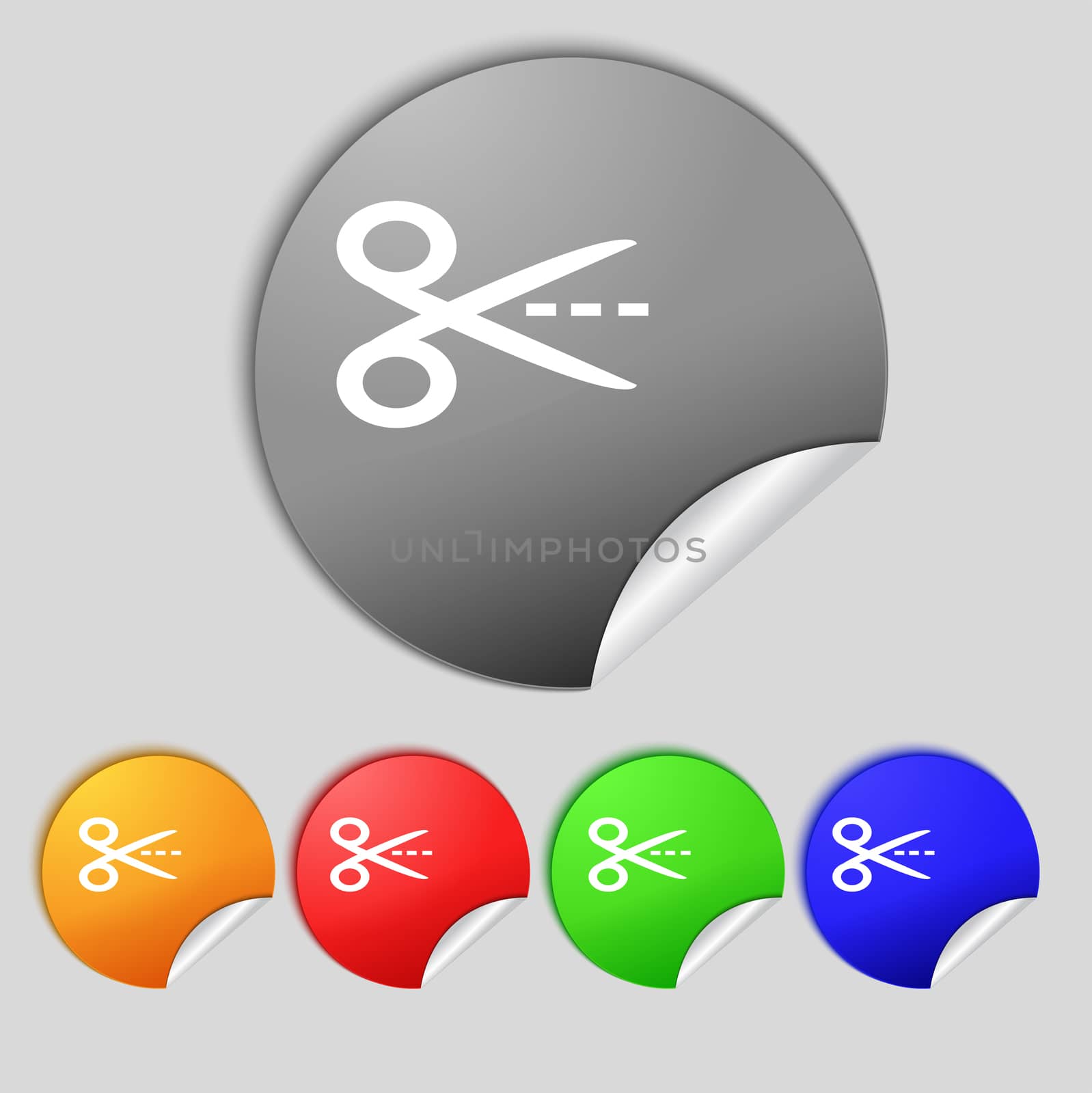 Scissors with cut dash dotted line sign icon. Tailor symbol. Set of colored buttons.  by serhii_lohvyniuk