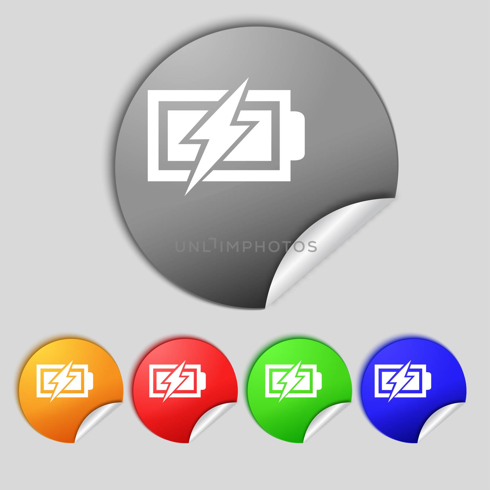 Battery charging sign icon. Lightning symbol. Set of colour buttons. Modern interface website button  by serhii_lohvyniuk