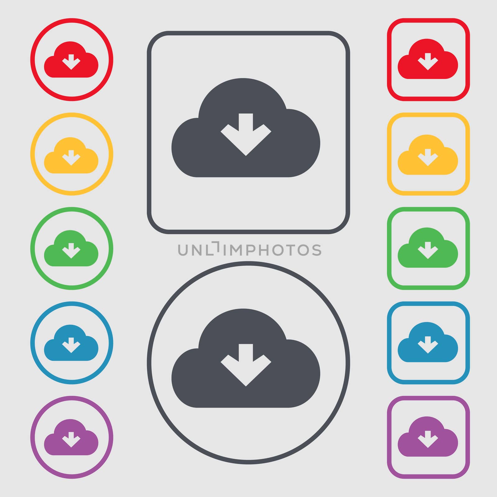 Download from cloud icon sign. symbol on the Round and square buttons with frame. illustration