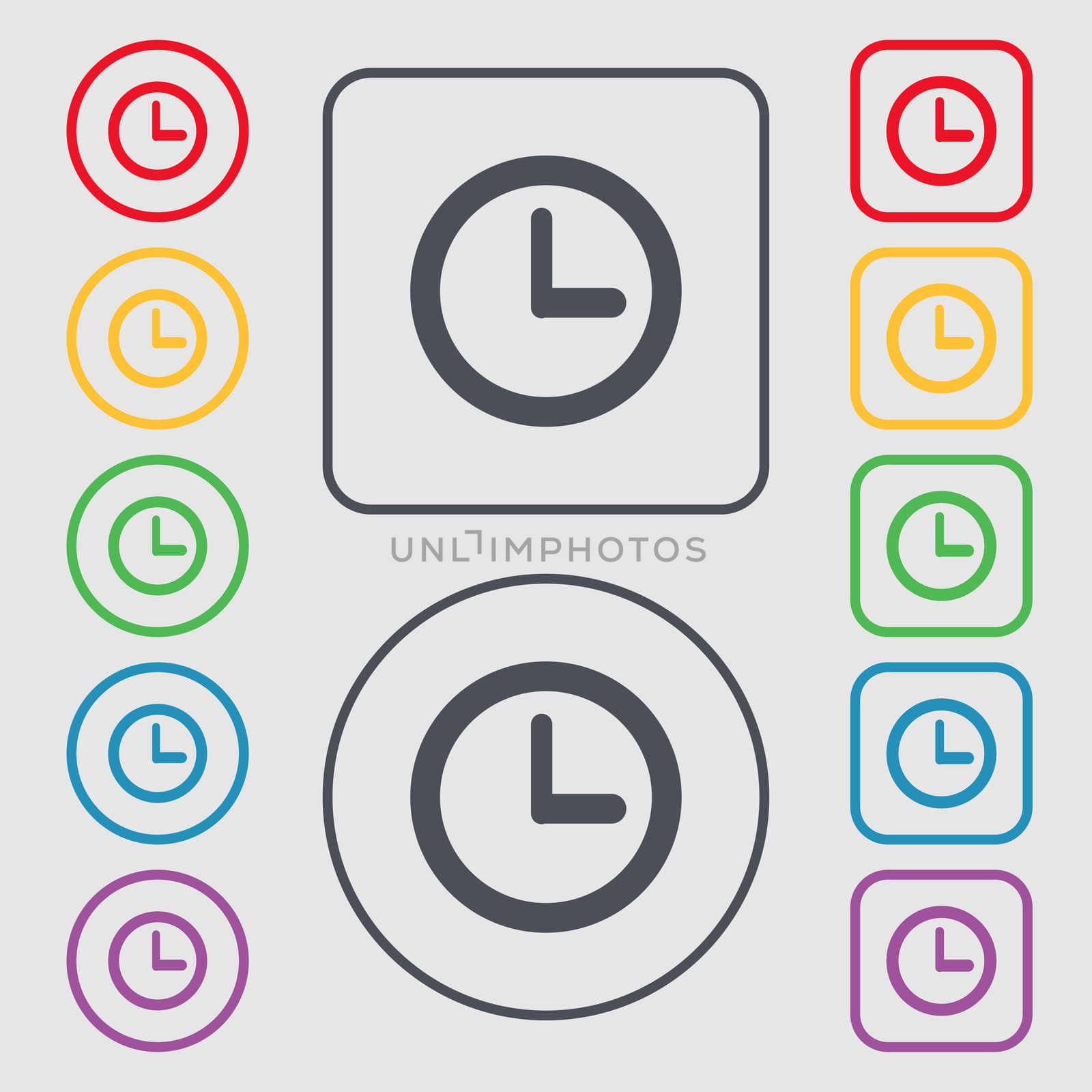 Clock sign icon. Mechanical clock symbol. Symbols on the Round and square buttons with frame. illustration