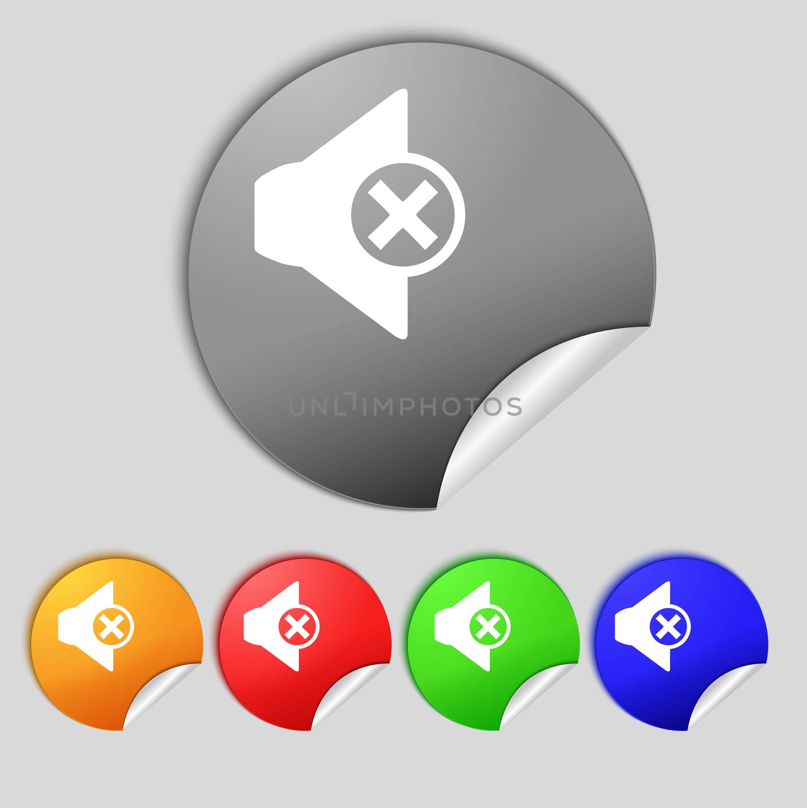 Mute speaker sign icon. Sound symbol. Set of colourful buttons.  by serhii_lohvyniuk