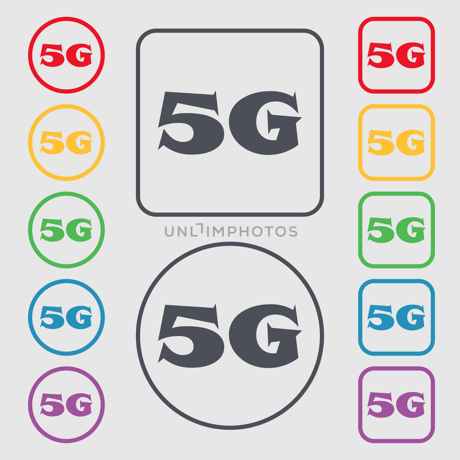 5G sign icon. Mobile telecommunications technology symbol. Symbols on the Round and square buttons with frame. illustration