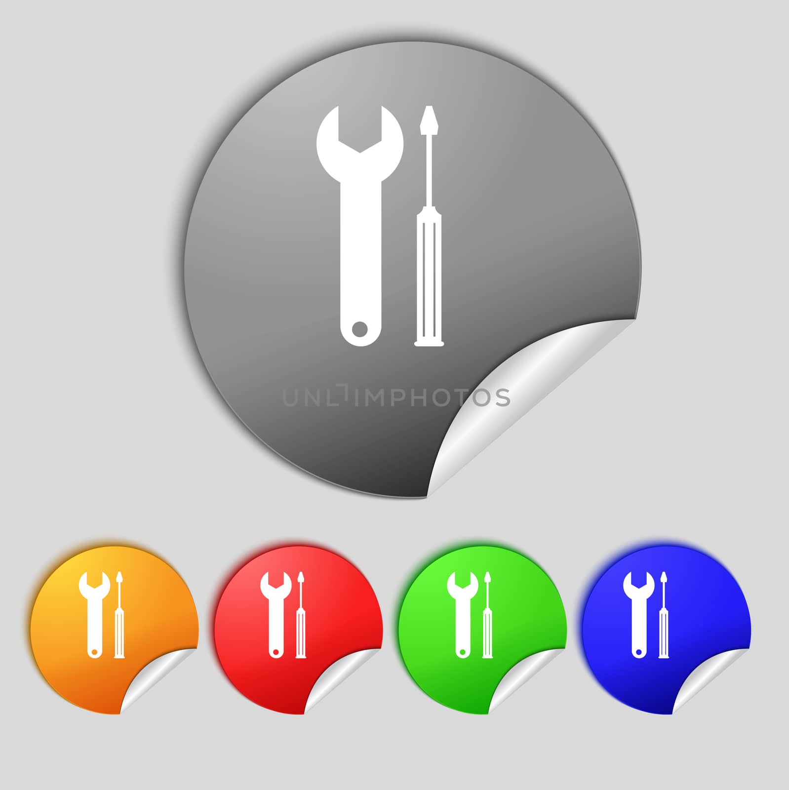 Repair tool sign icon. Service symbol. screwdriver with wrench. Set of colored buttons.  by serhii_lohvyniuk