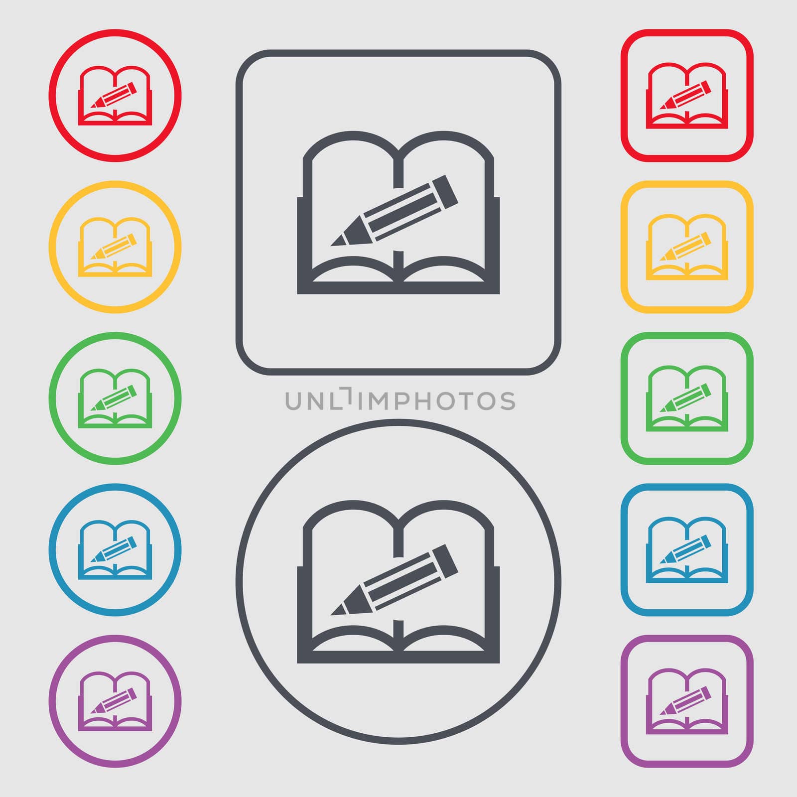 Book sign icon. Open book symbol. Symbols on the Round and square buttons with frame.  by serhii_lohvyniuk