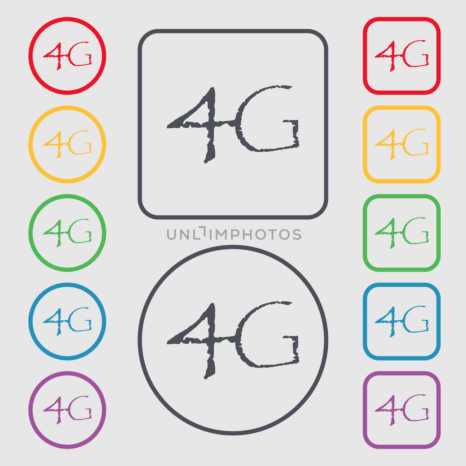 4G sign icon. Mobile telecommunications technology symbol. Symbols on the Round and square buttons with frame.  by serhii_lohvyniuk