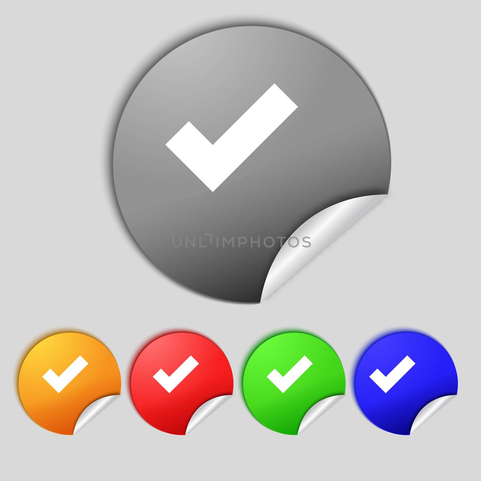 Check mark sign icon . Confirm approved symbol. Set colourful buttons. illustration