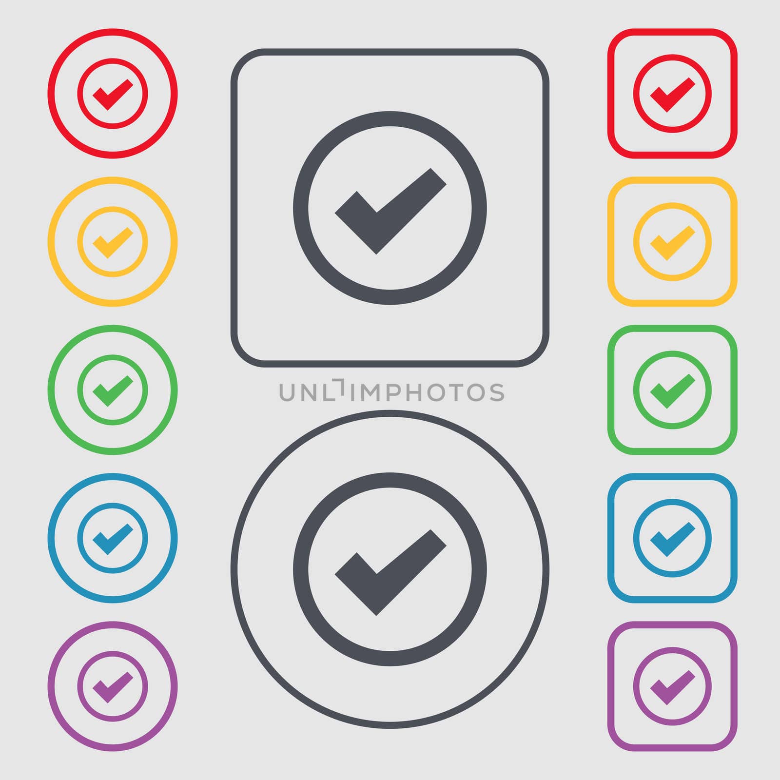 Check mark sign icon . Confirm approved symbol. Symbols on the Round and square buttons with frame. illustration
