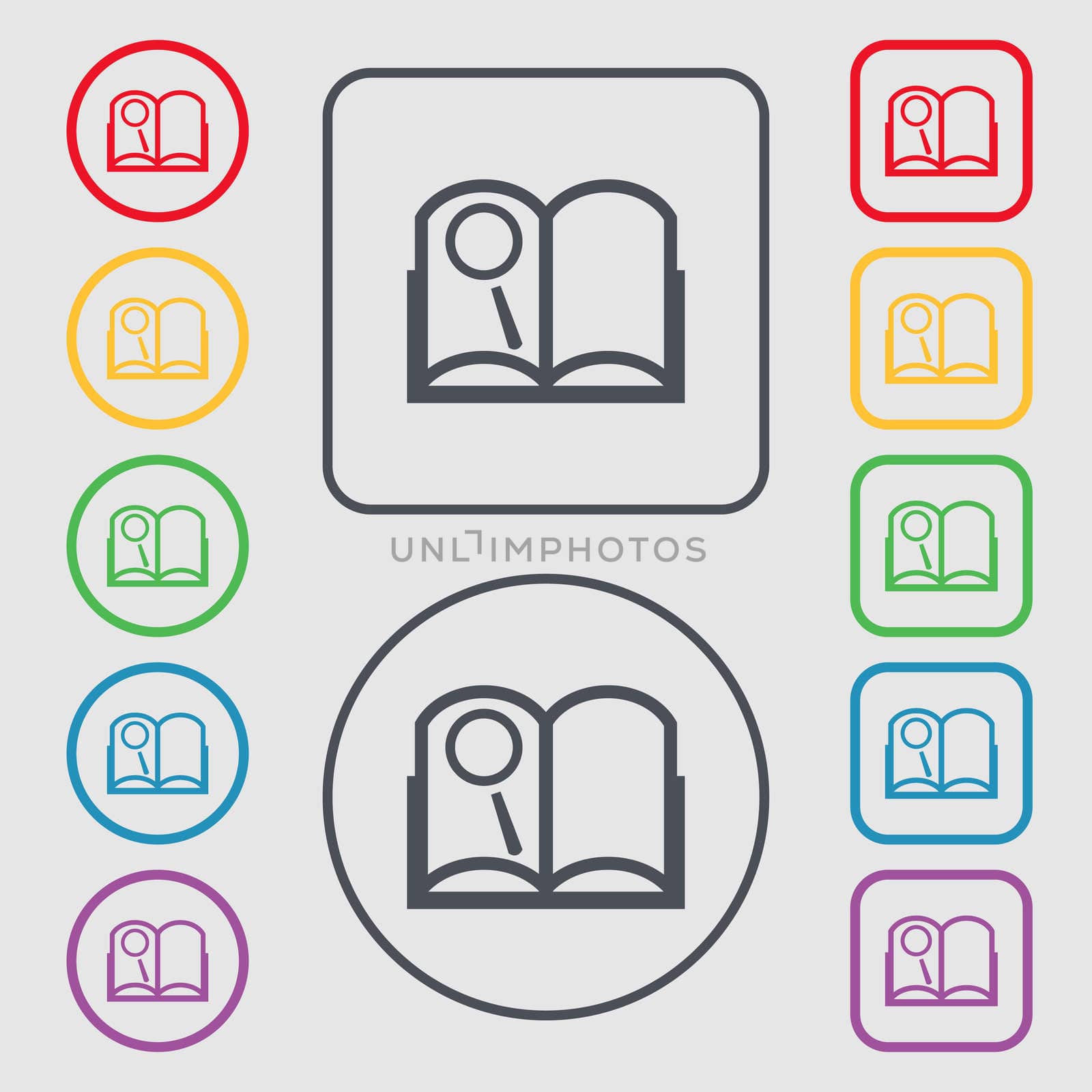 Book sign icon. Open book symbol. Symbols on the Round and square buttons with frame.  by serhii_lohvyniuk