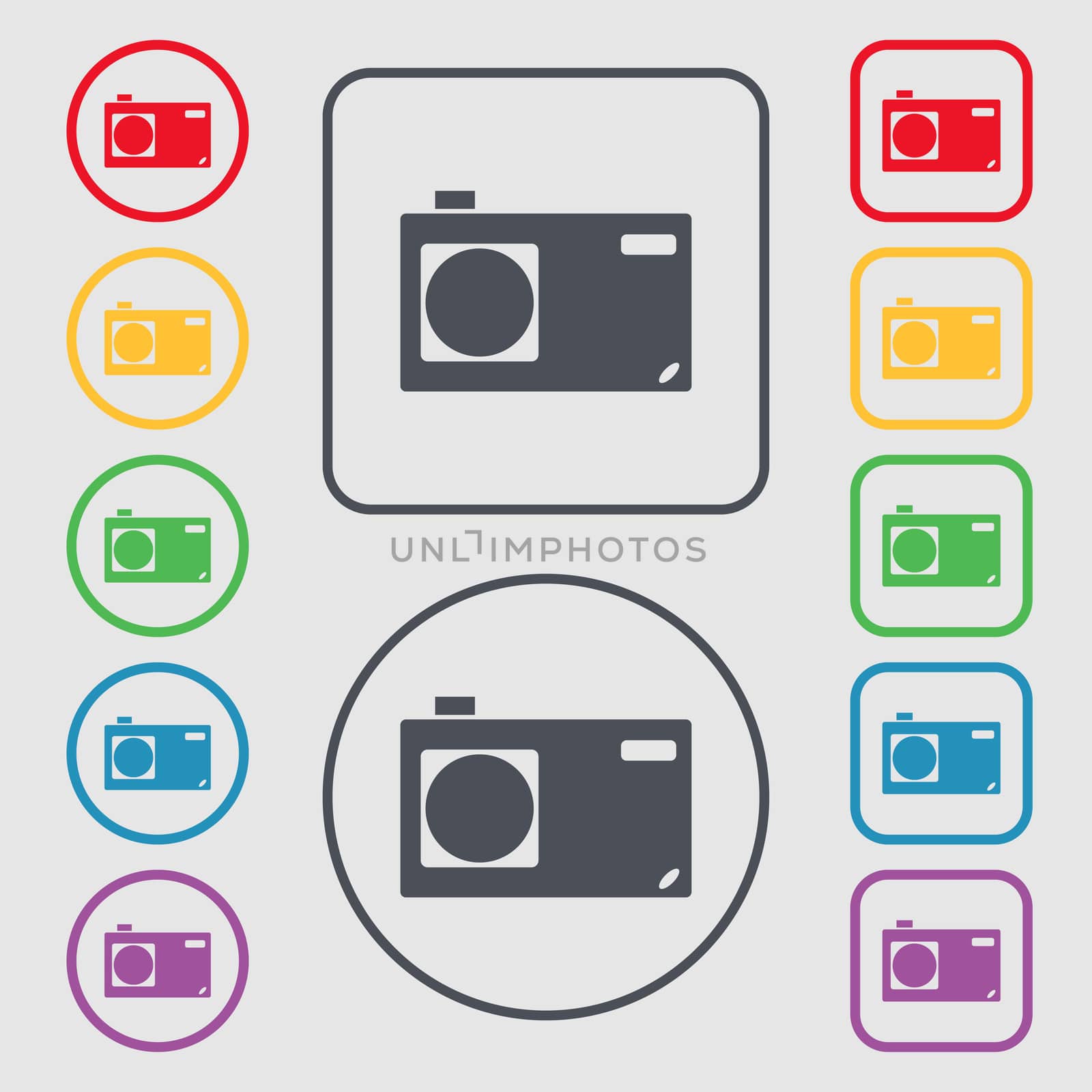 Photo camera sign icon. Digital symbol. Symbols on the Round and square buttons with frame.  by serhii_lohvyniuk