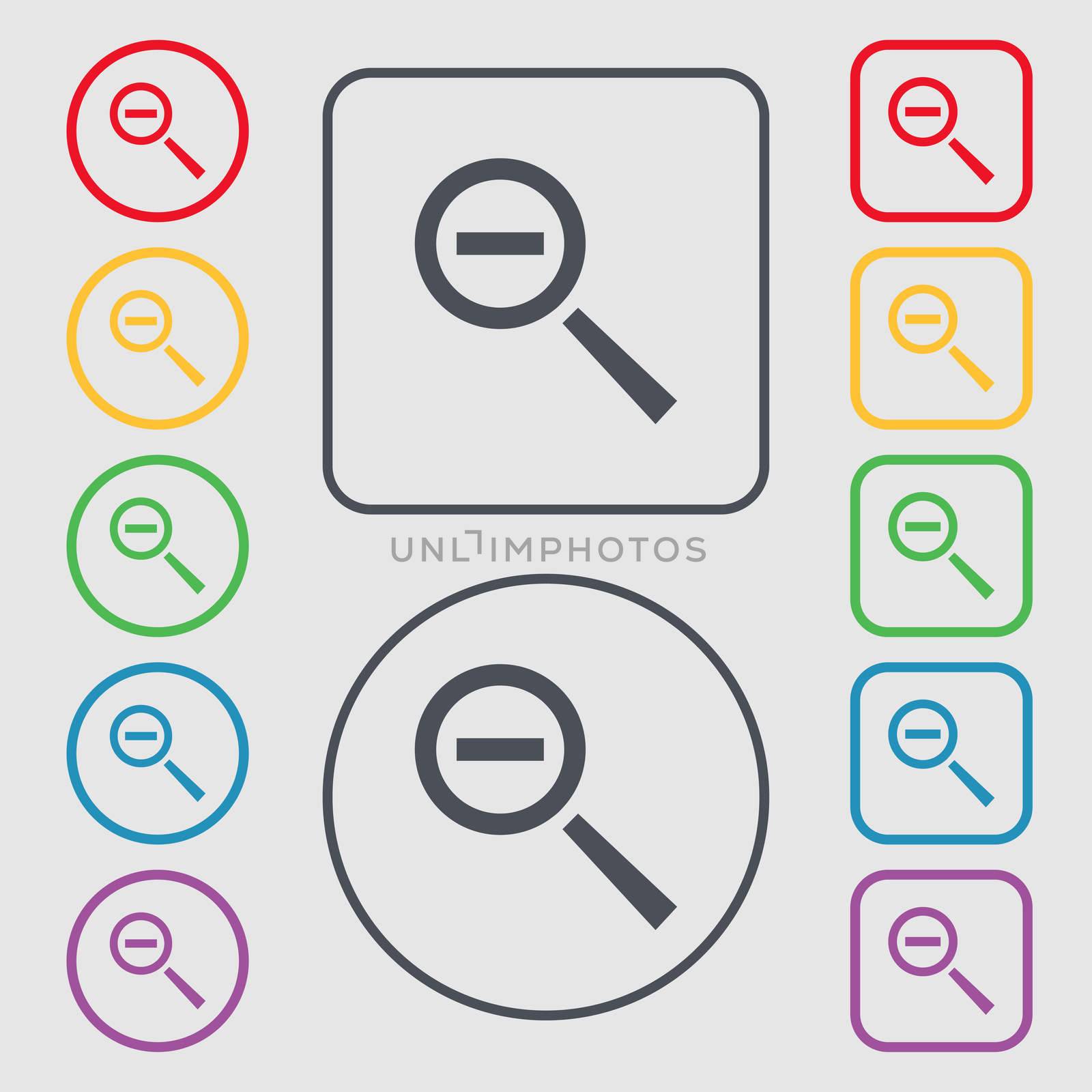 Magnifier glass, Zoom tool icon sign. Symbols on the Round and square buttons with frame. illustration