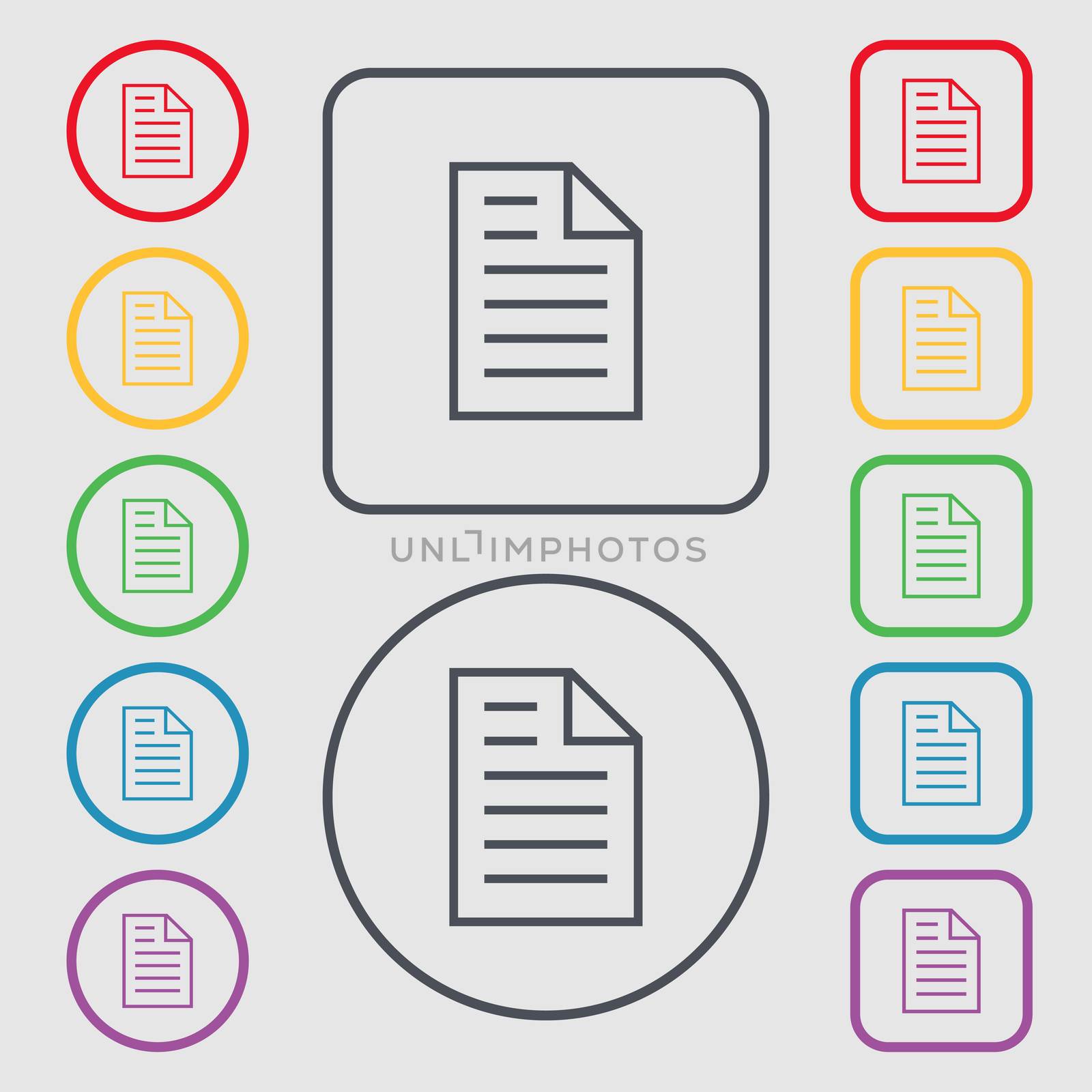 Text file sign icon. File document symbol. Symbols on the Round and square buttons with frame. illustration