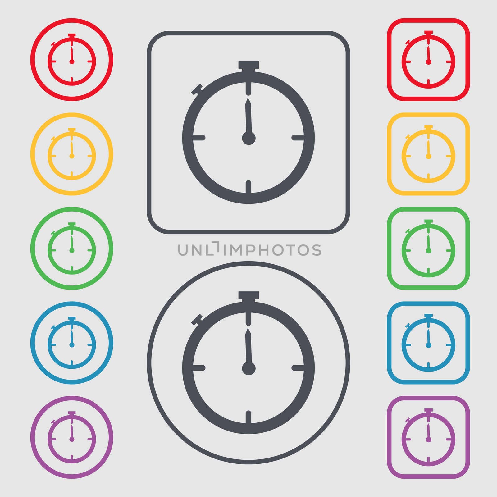 Timer sign icon. Stopwatch symbol.. Symbols on the Round and square buttons with frame. illustration