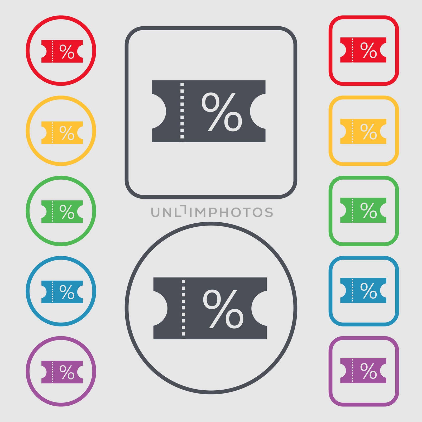 ticket discount icon sign. symbol on the Round and square buttons with frame. illustration