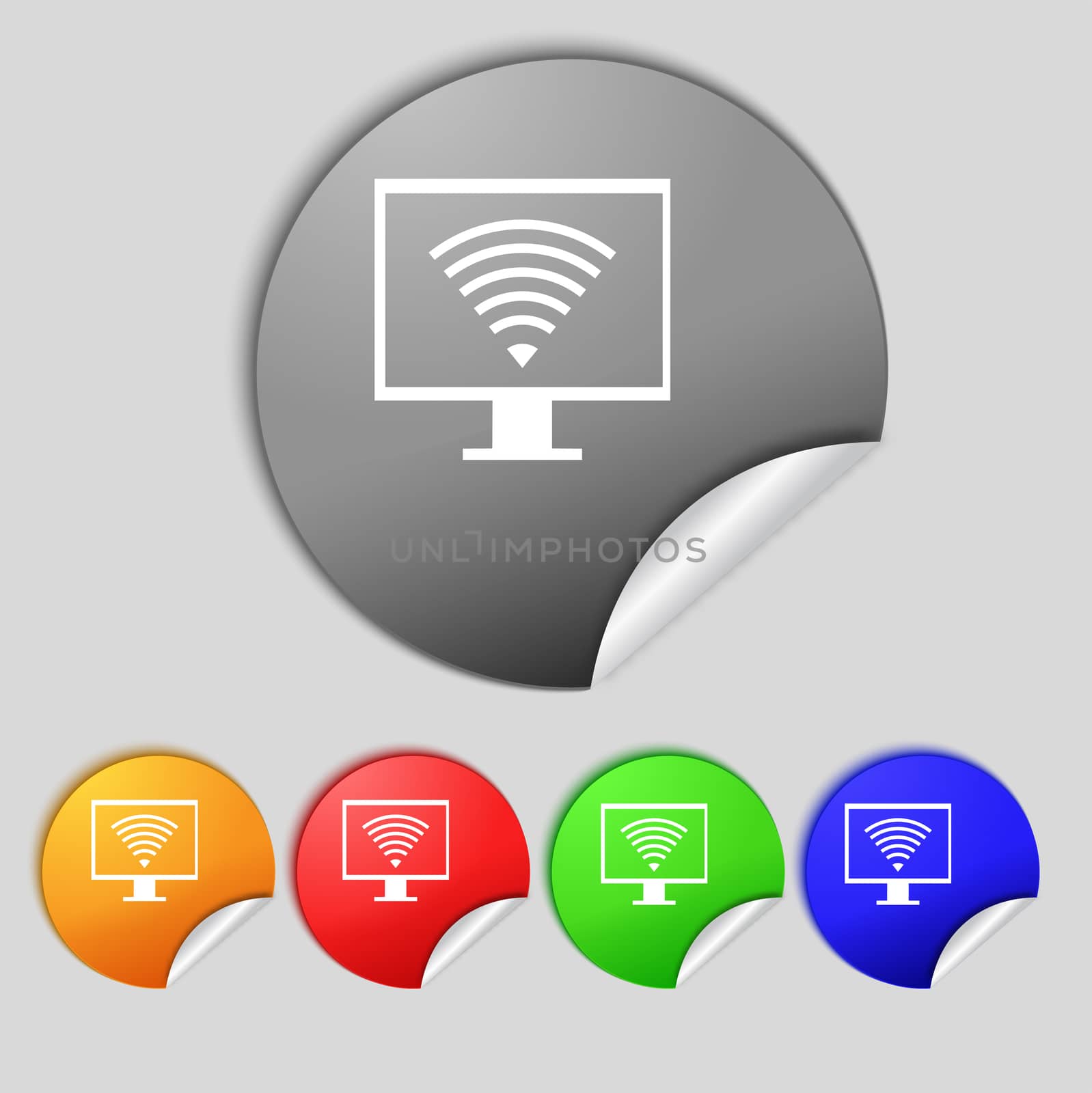 wi fi and monitor sign icon. Video game symbol. Set colourful buttons. illustration