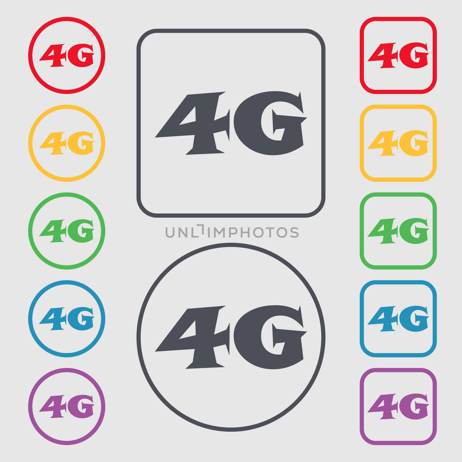 4G sign icon. Mobile telecommunications technology symbol. Symbols on the Round and square buttons with frame. illustration