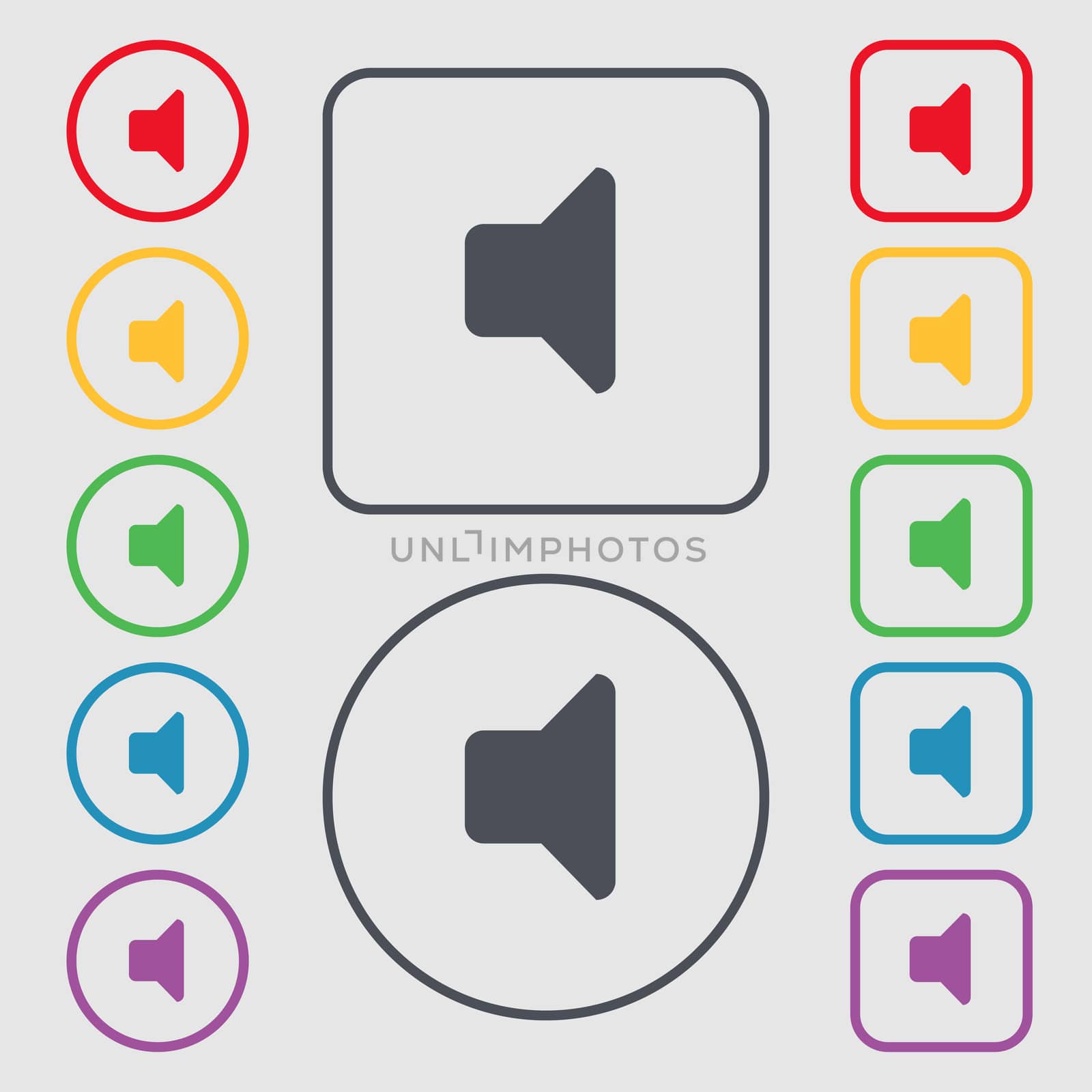 Speaker volume, Sound icon sign. symbol on the Round and square buttons with frame. illustration