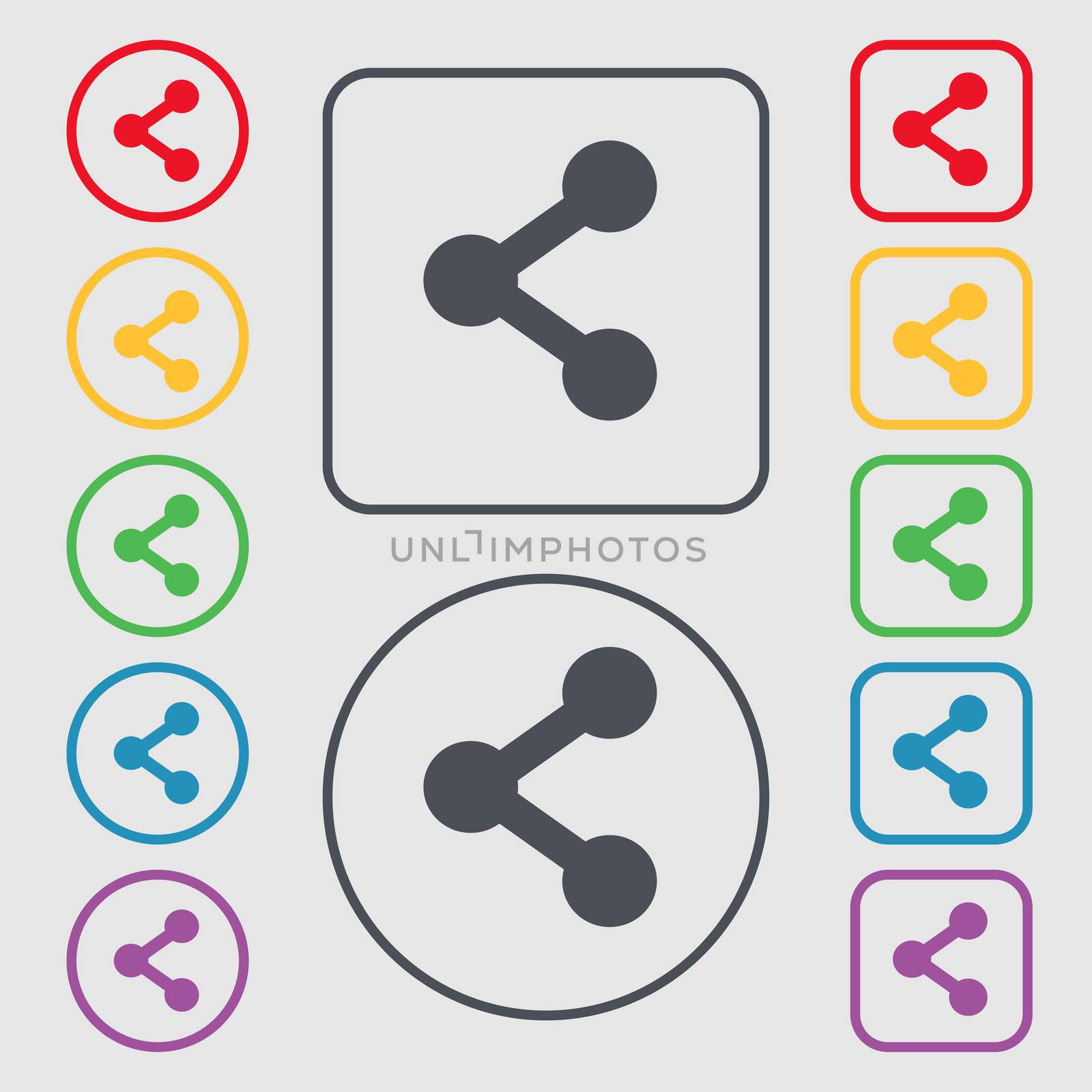 Share icon sign. symbol on the Round and square buttons with frame. illustration