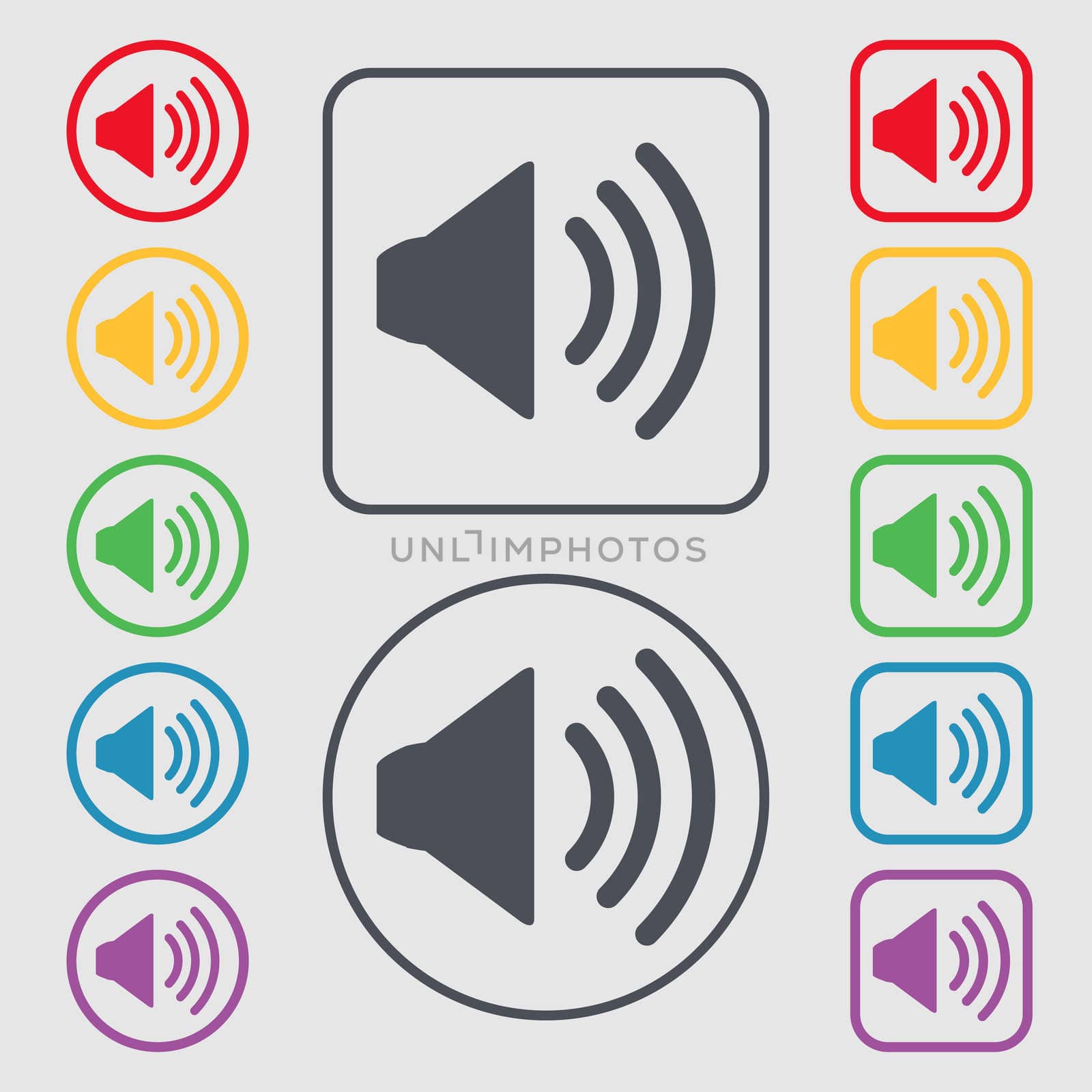 Speaker volume sign icon. Sound symbol. Symbols on the Round and square buttons with frame.  by serhii_lohvyniuk