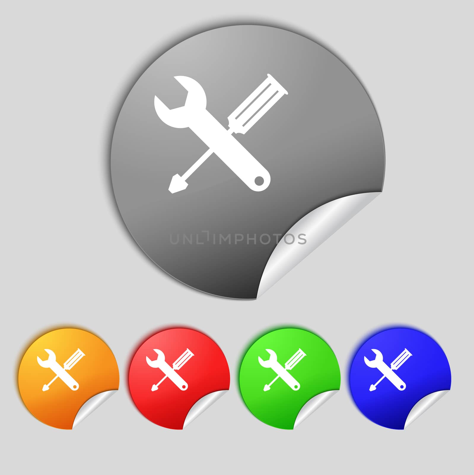 Repair tool sign icon. Service symbol. screwdriver with wrench. Set of colored buttons.  by serhii_lohvyniuk