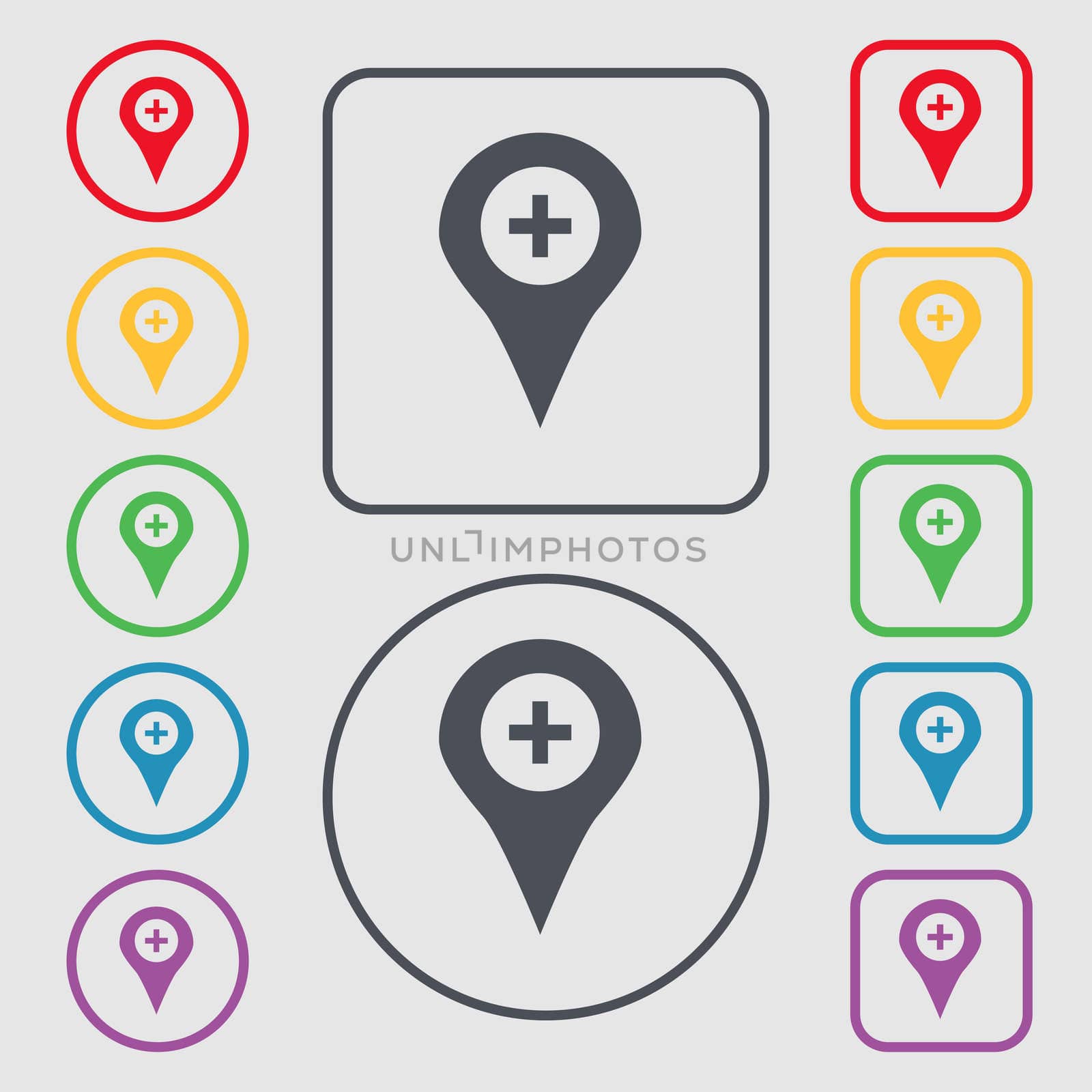 Plus Map pointer, GPS location icon sign. symbol on the Round and square buttons with frame. illustration