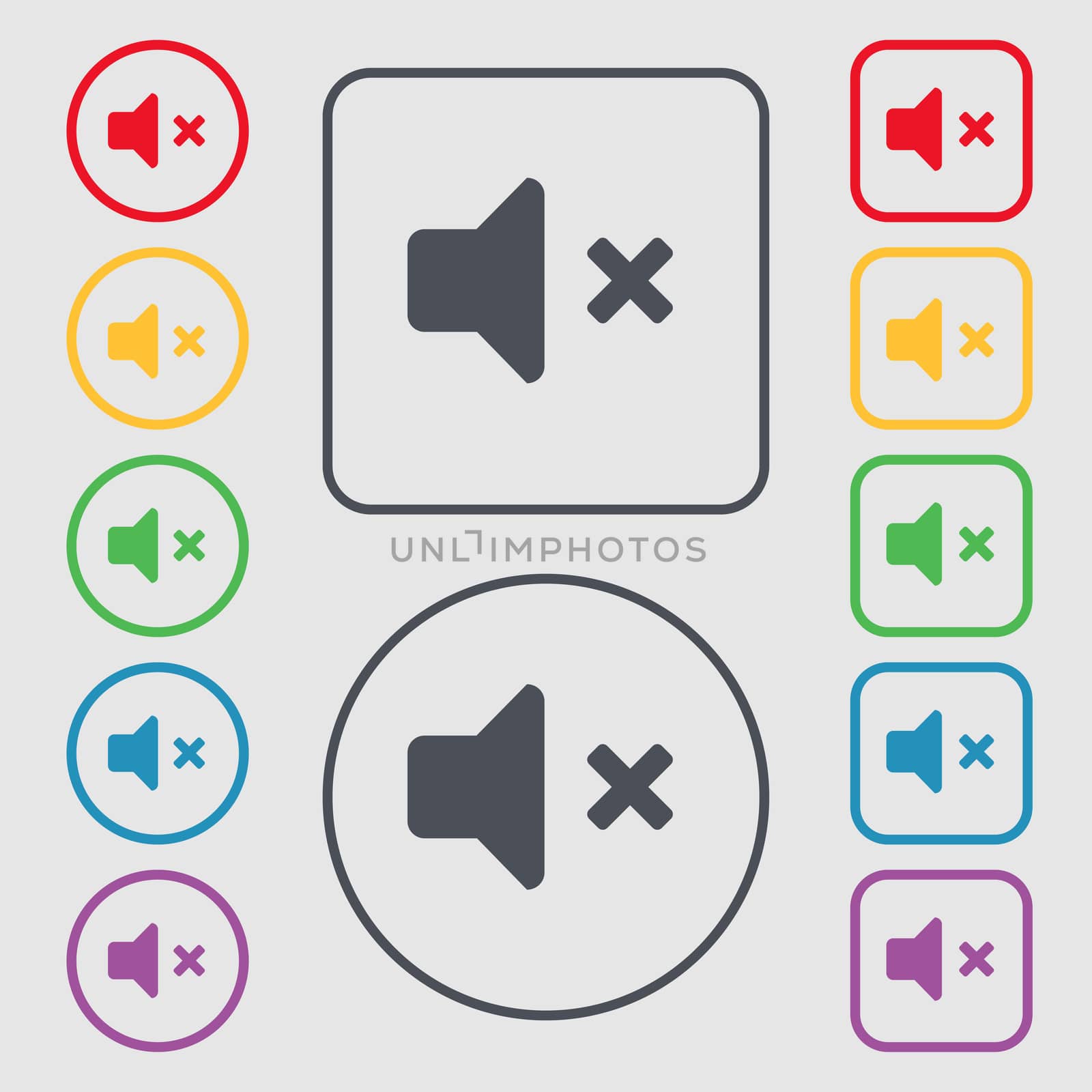 Mute speaker , Sound icon sign. symbol on the Round and square buttons with frame. illustration