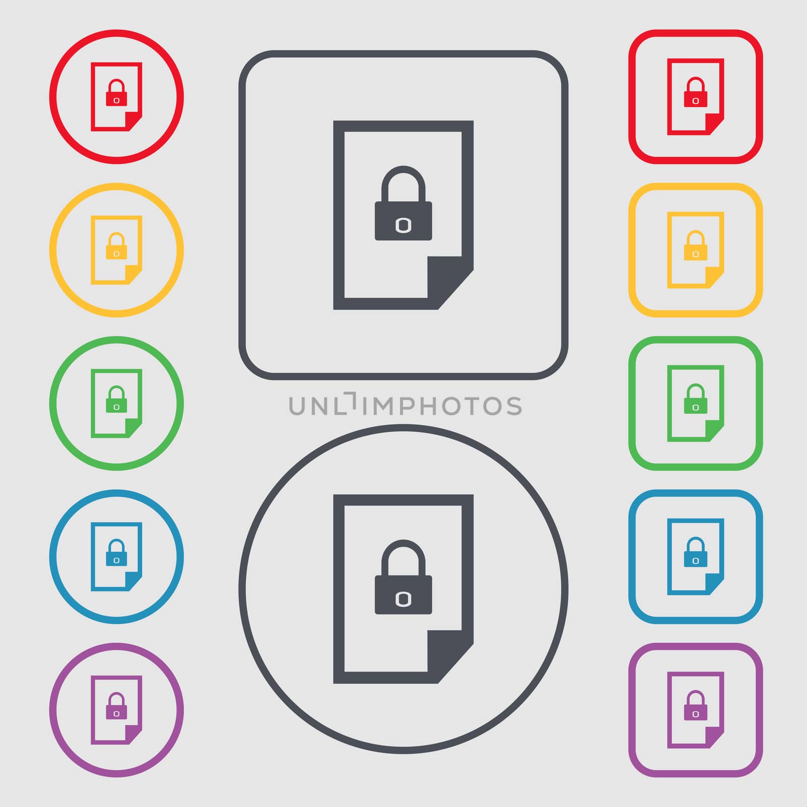 File locked icon sign. Symbols on the Round and square buttons with frame. illustration