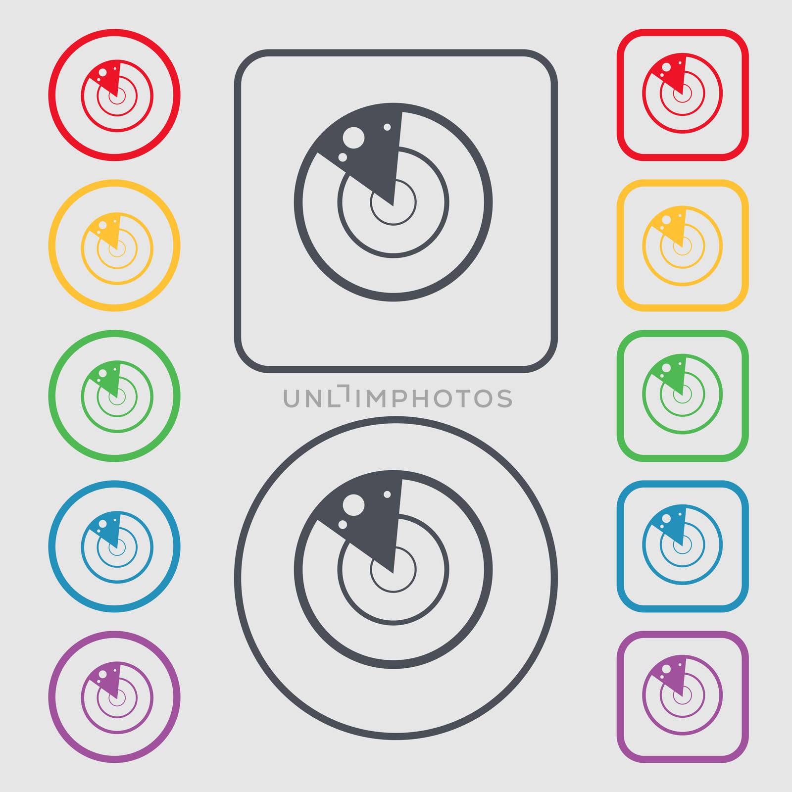 radar icon sign. symbol on the Round and square buttons with frame. illustration