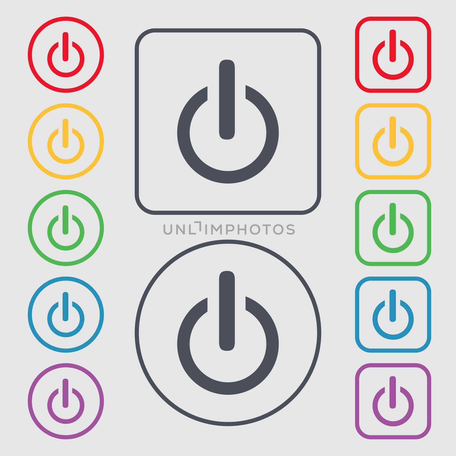 Power sign icon. Switch symbol. Symbols on the Round and square buttons with frame.  by serhii_lohvyniuk