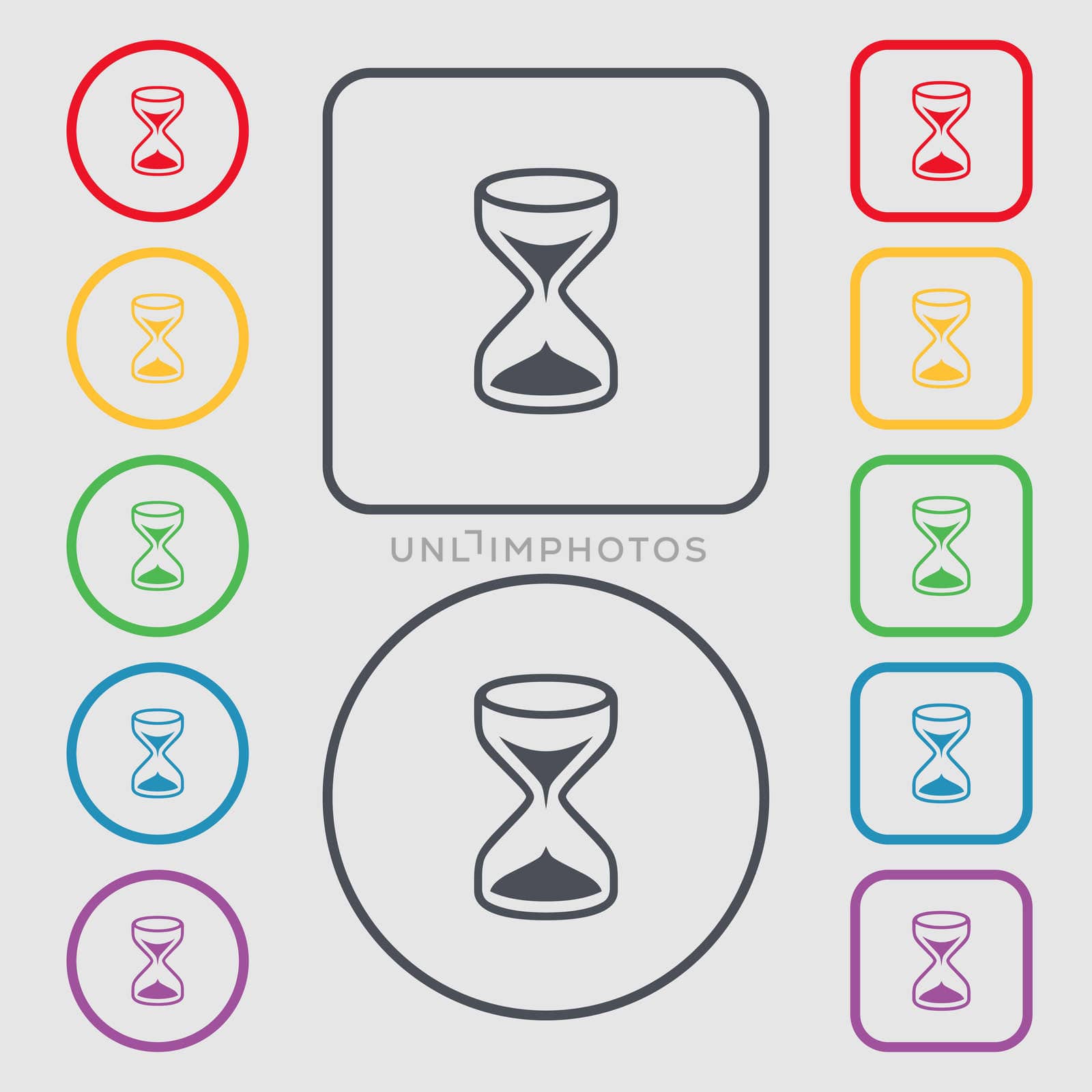 Hourglass sign icon. Sand timer symbol. Symbols on the Round and square buttons with frame. illustration