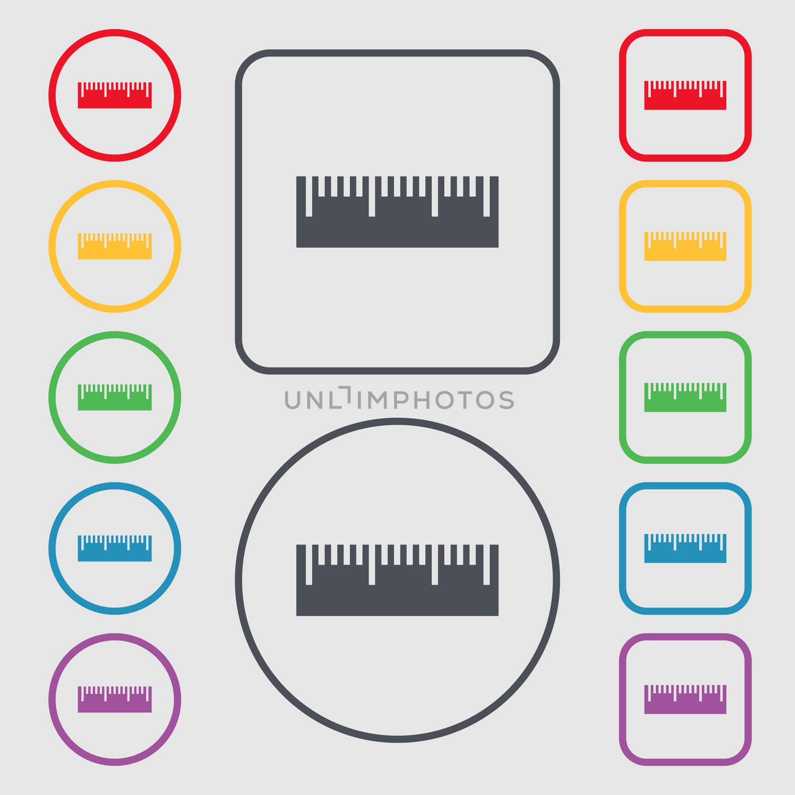 Ruler sign icon. School tool symbol. Symbols on the Round and square buttons with frame.  by serhii_lohvyniuk