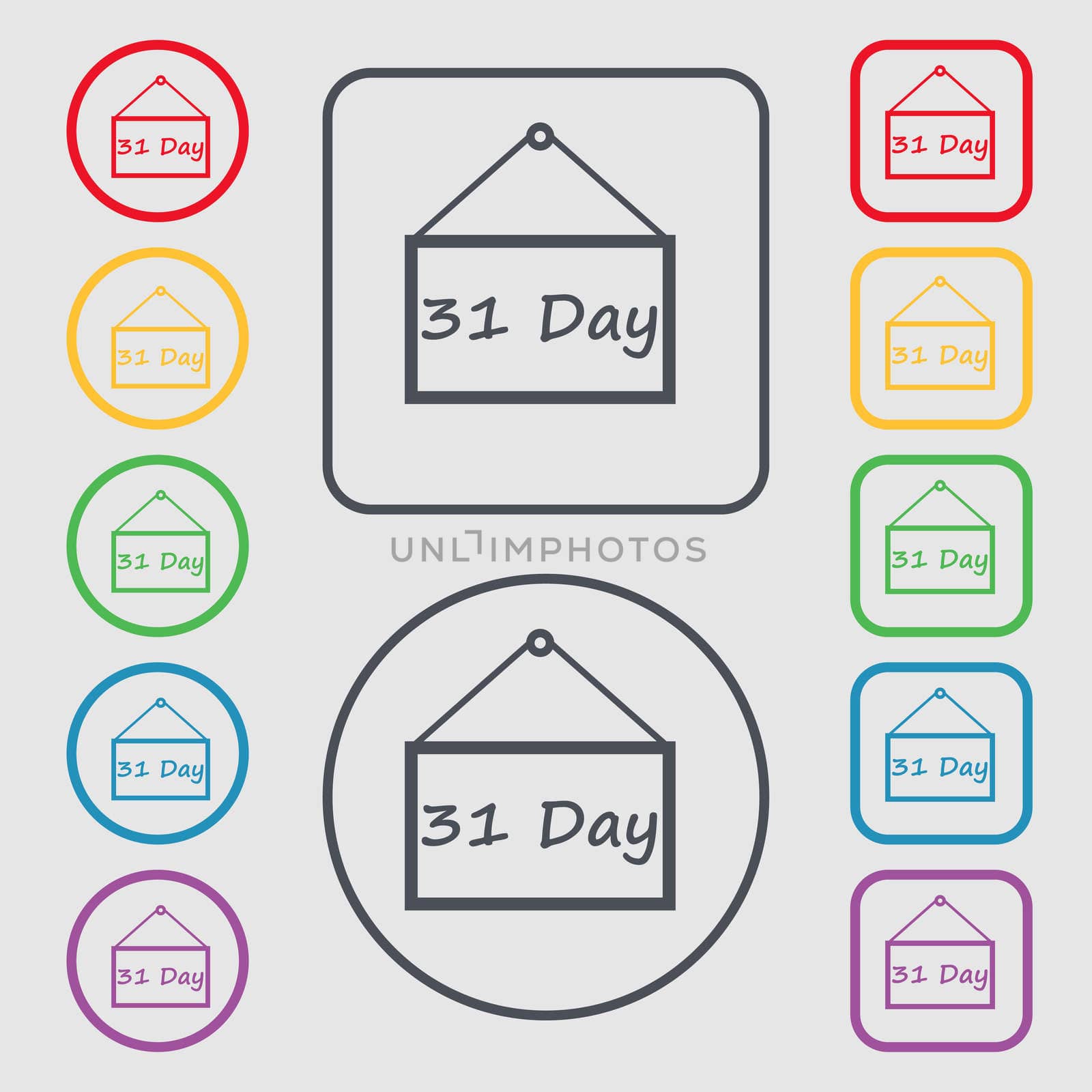 Calendar day, 31 days icon sign. symbol on the Round and square buttons with frame. illustration